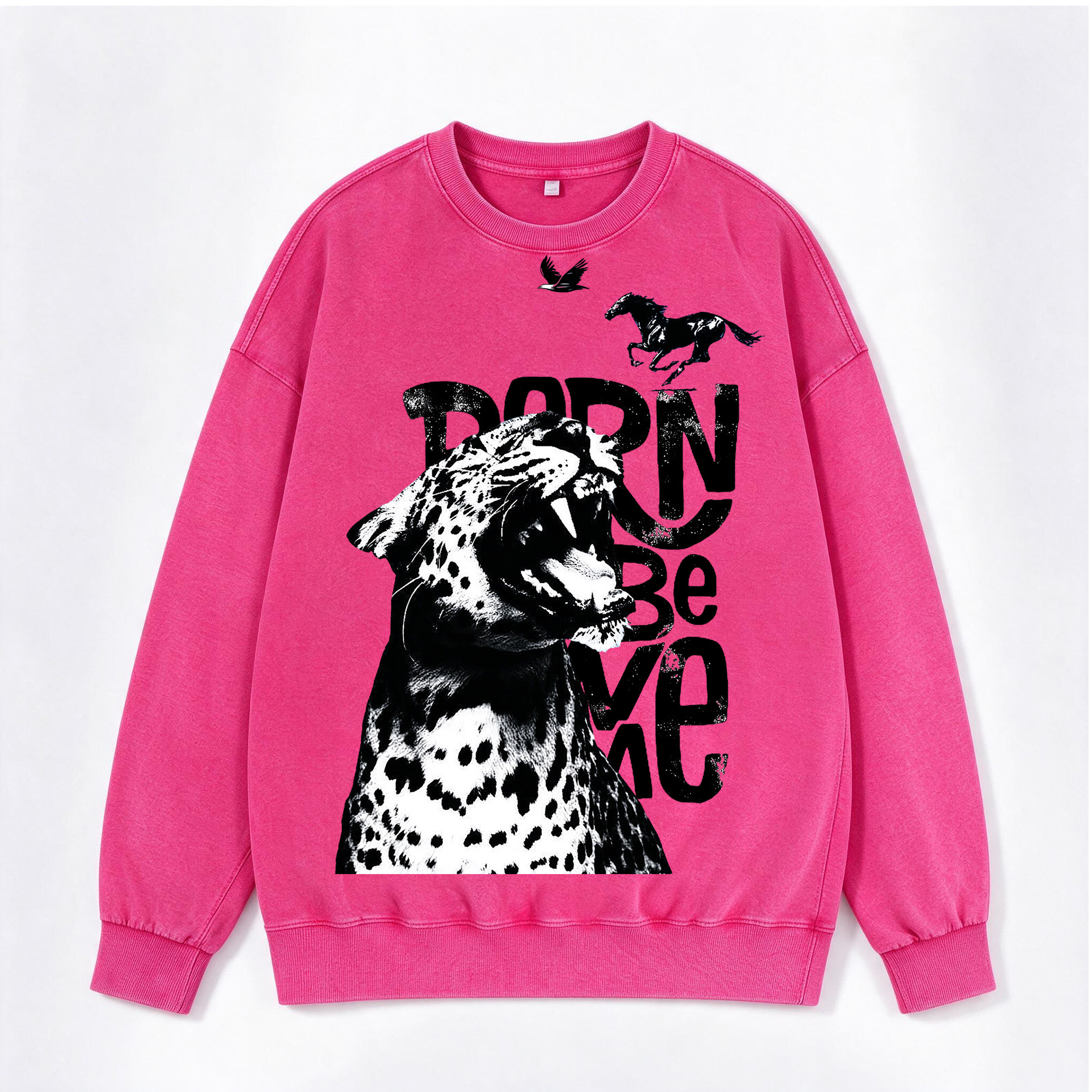 Born Wild Leopard Horse Eagle Print Washed Crewneck Sweatshirt