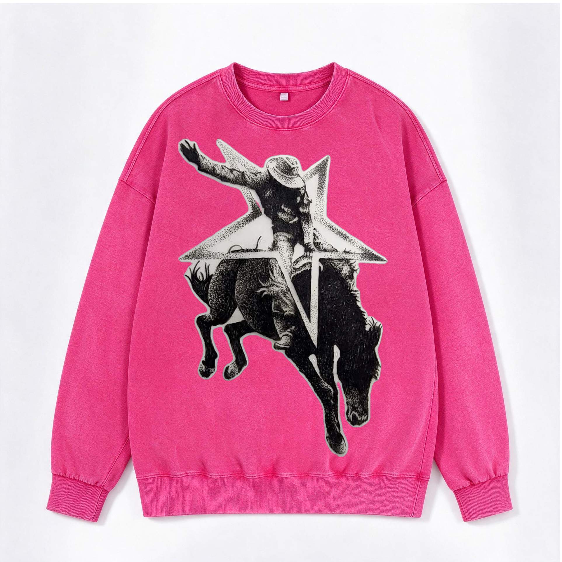 Retro Western Star Bucking Bronco Cowboy Print Washed Crewneck Sweatshirt