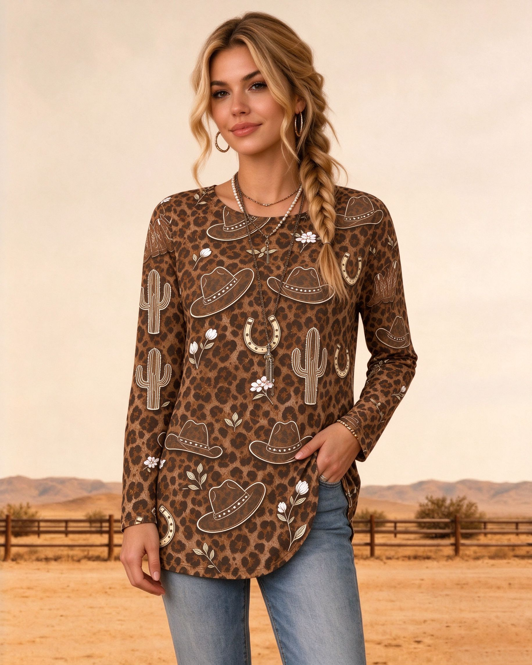 Western Country Music Concert Shirt round neck women's top