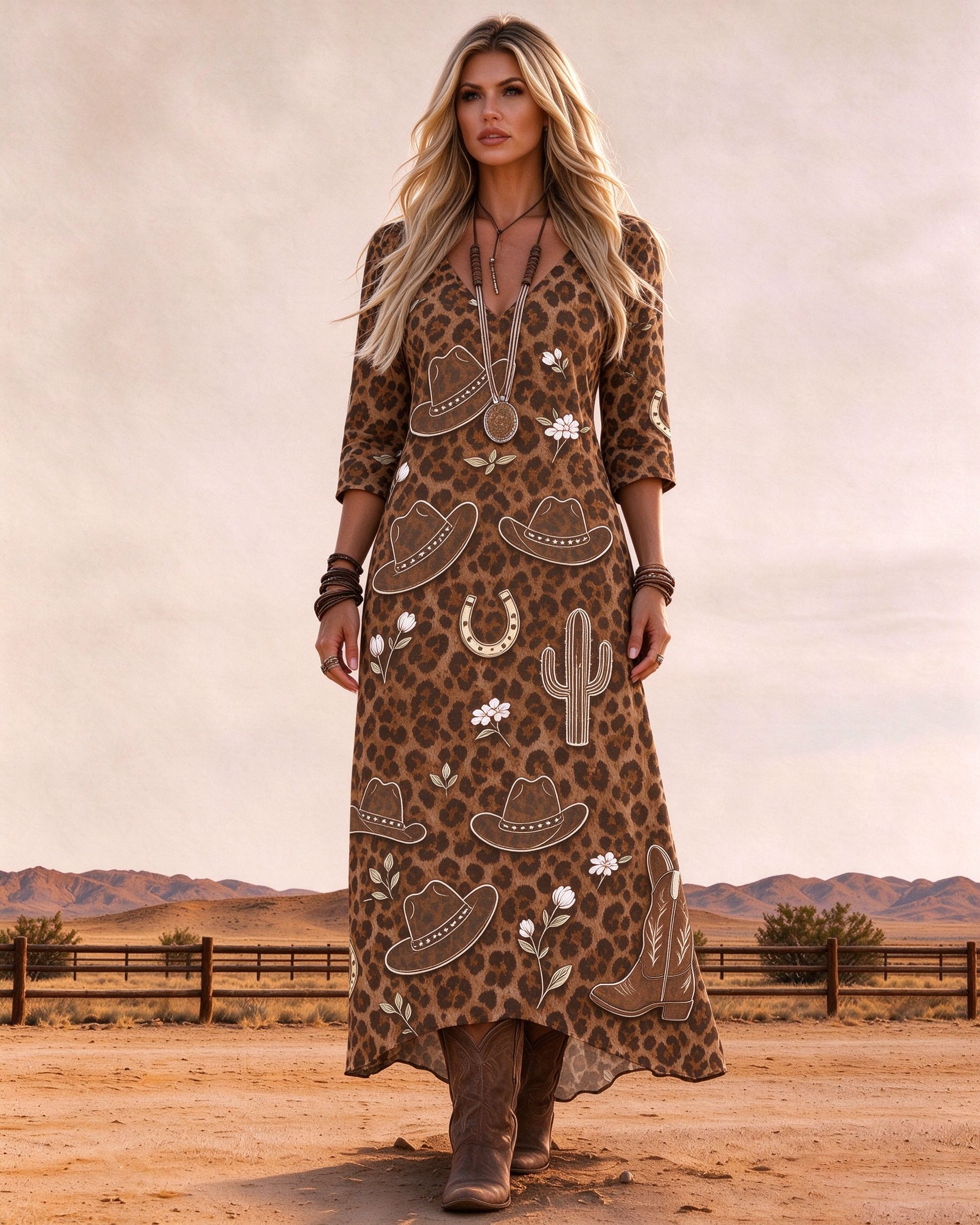 V-neck leopard print Western cowboy print long dress