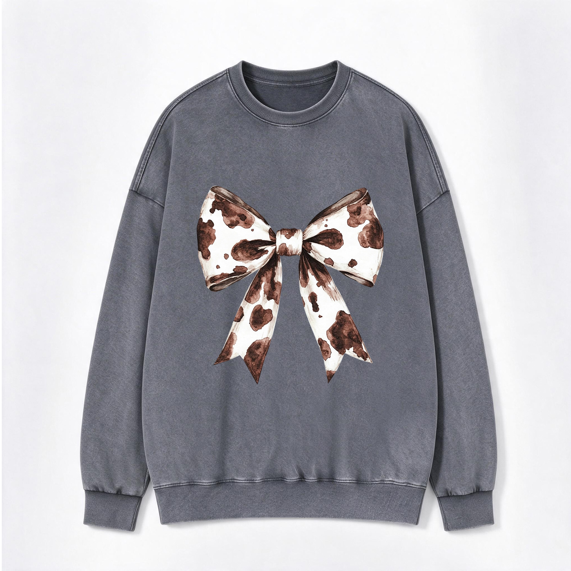 Vintage Western Cow Print Bow Back Print Washed Crewneck Sweatshirt