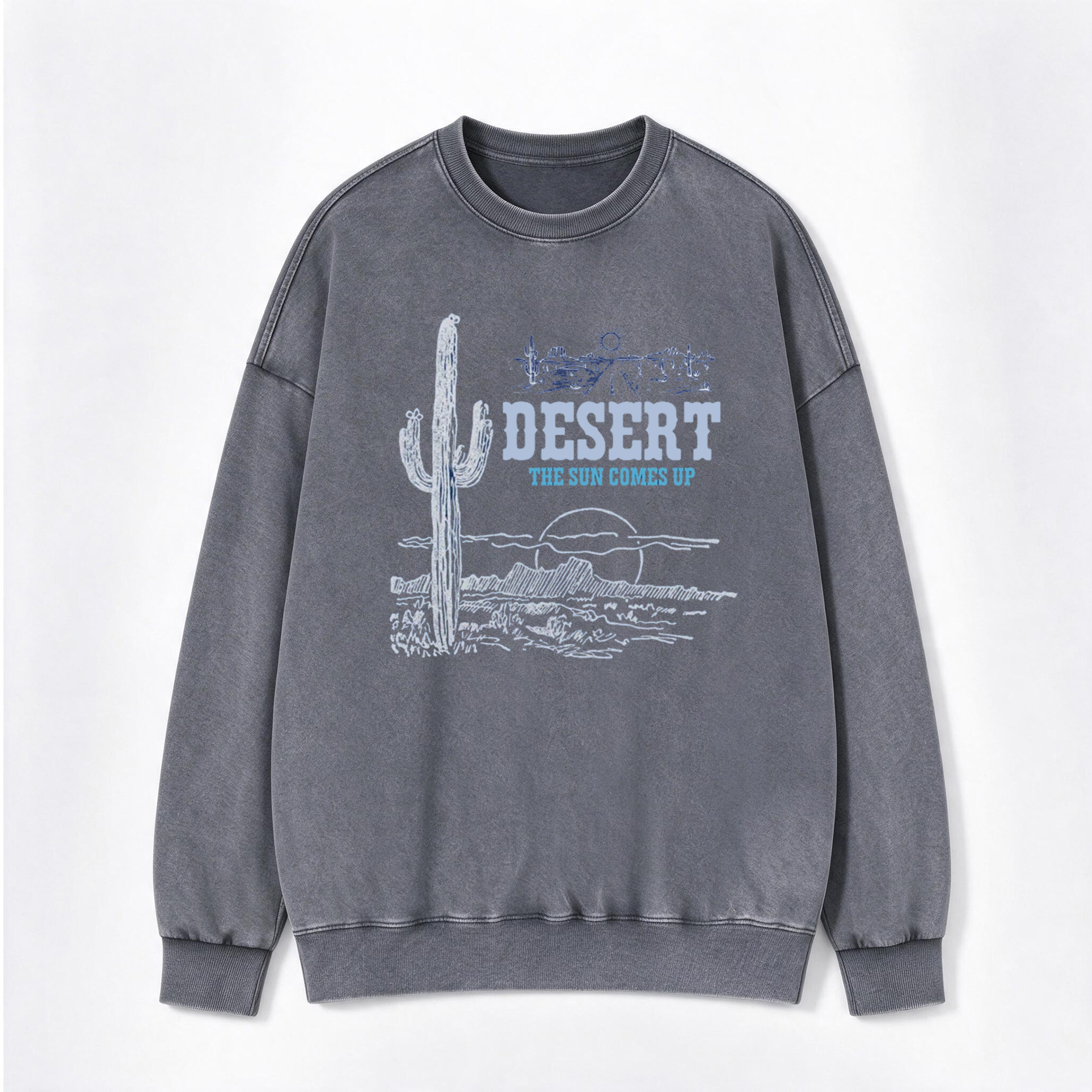 Vintage Western Cactus & Sunset Print Washed Crewneck Sweatshirt