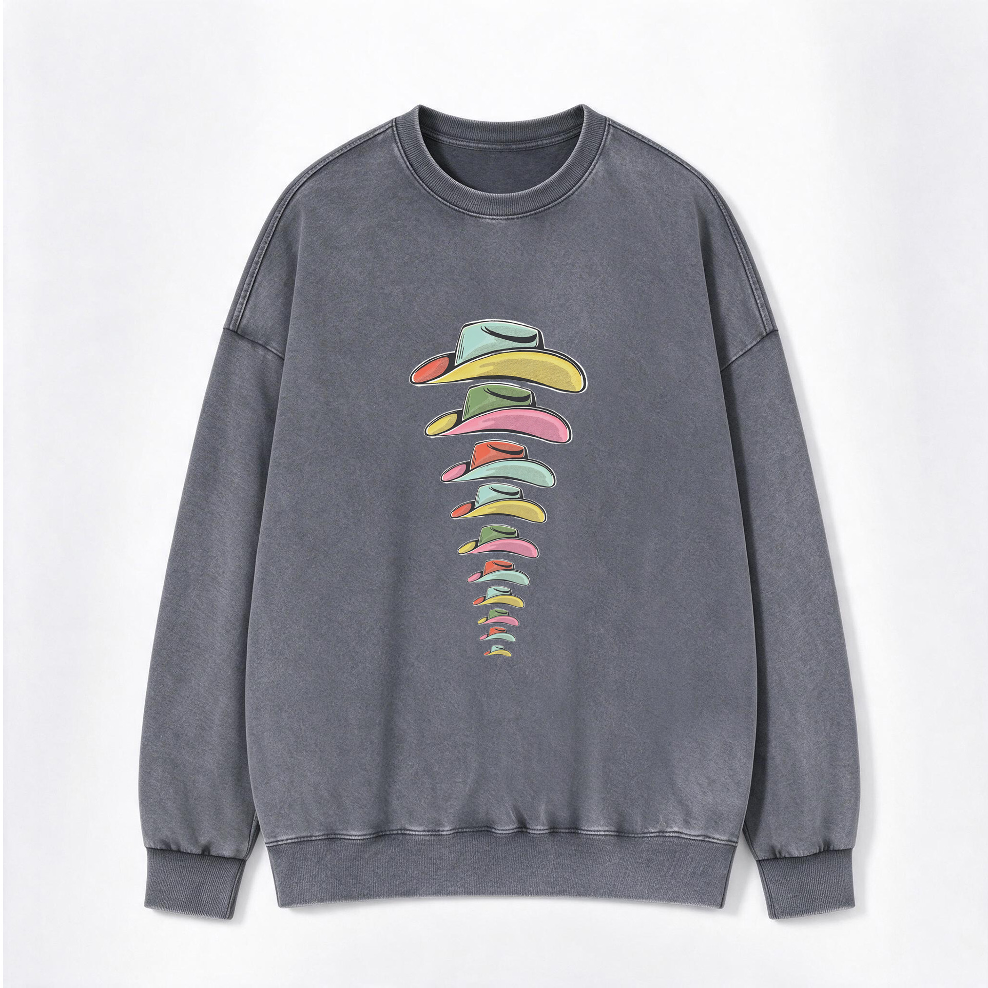 Vintage Rainbow Cowboy Hat Stack Print Washed Crewneck Sweatshirt