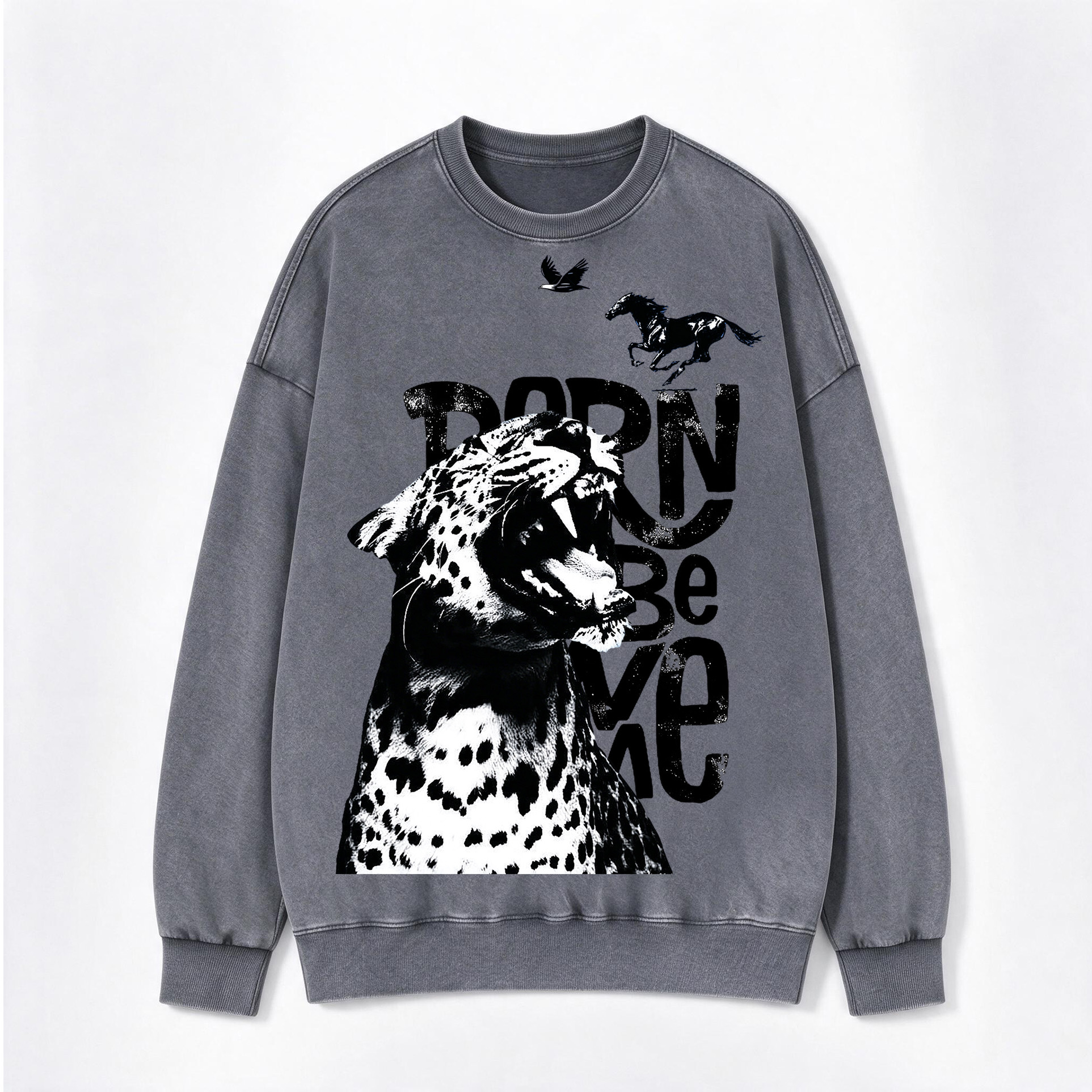Born Wild Leopard Horse Eagle Print Washed Crewneck Sweatshirt