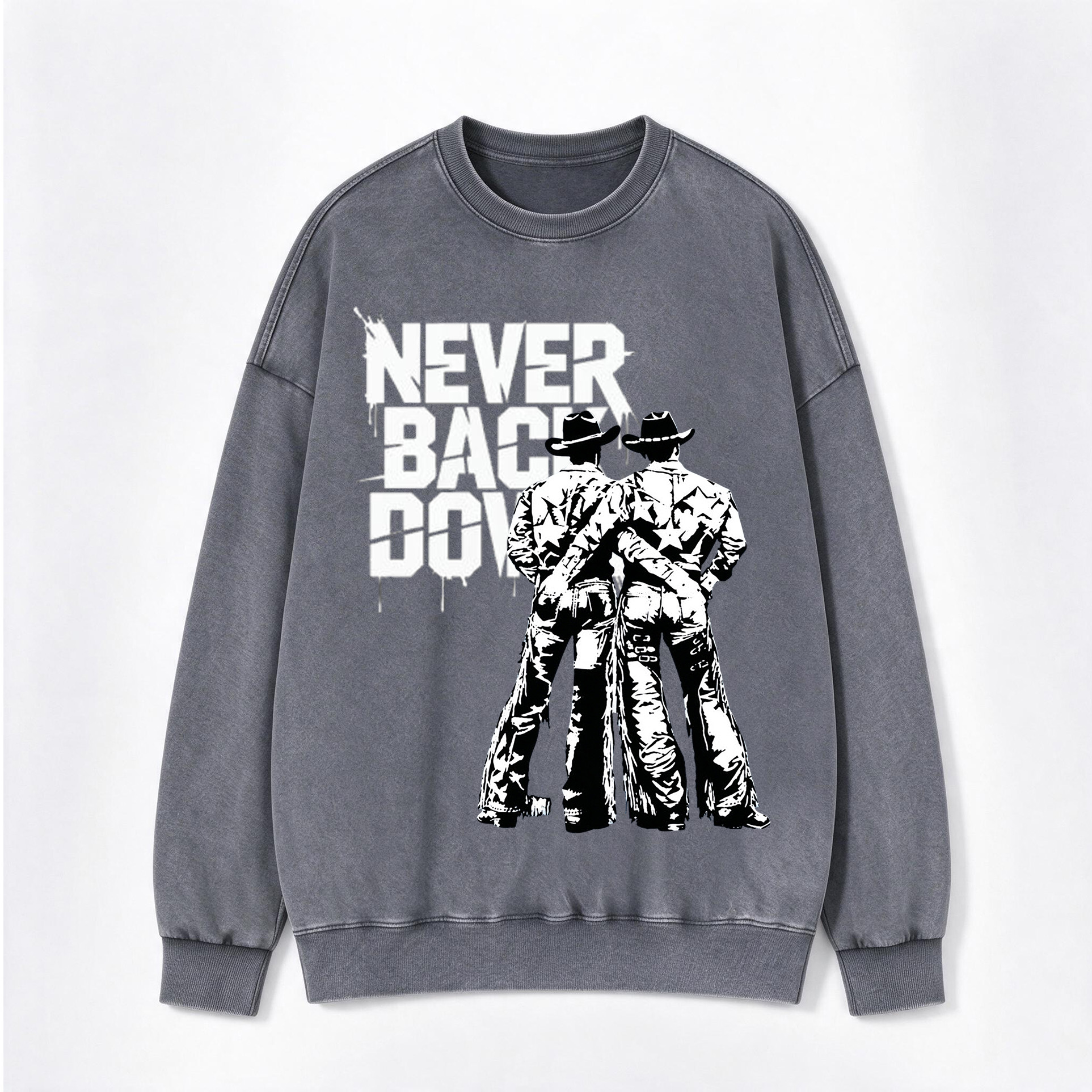 Never Back Down Cowboys Print Washed Crewneck Sweatshirt