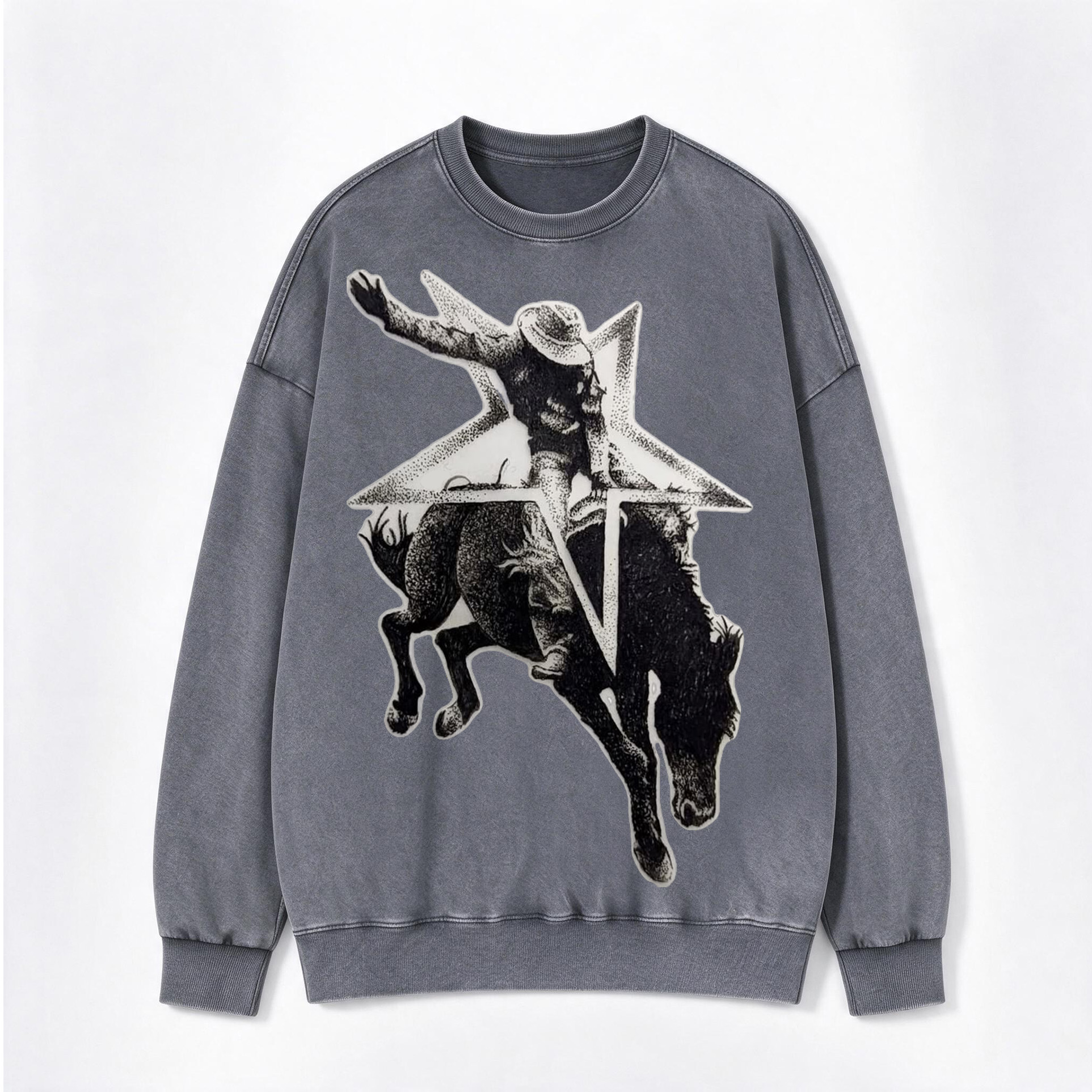 Retro Western Star Bucking Bronco Cowboy Print Washed Crewneck Sweatshirt