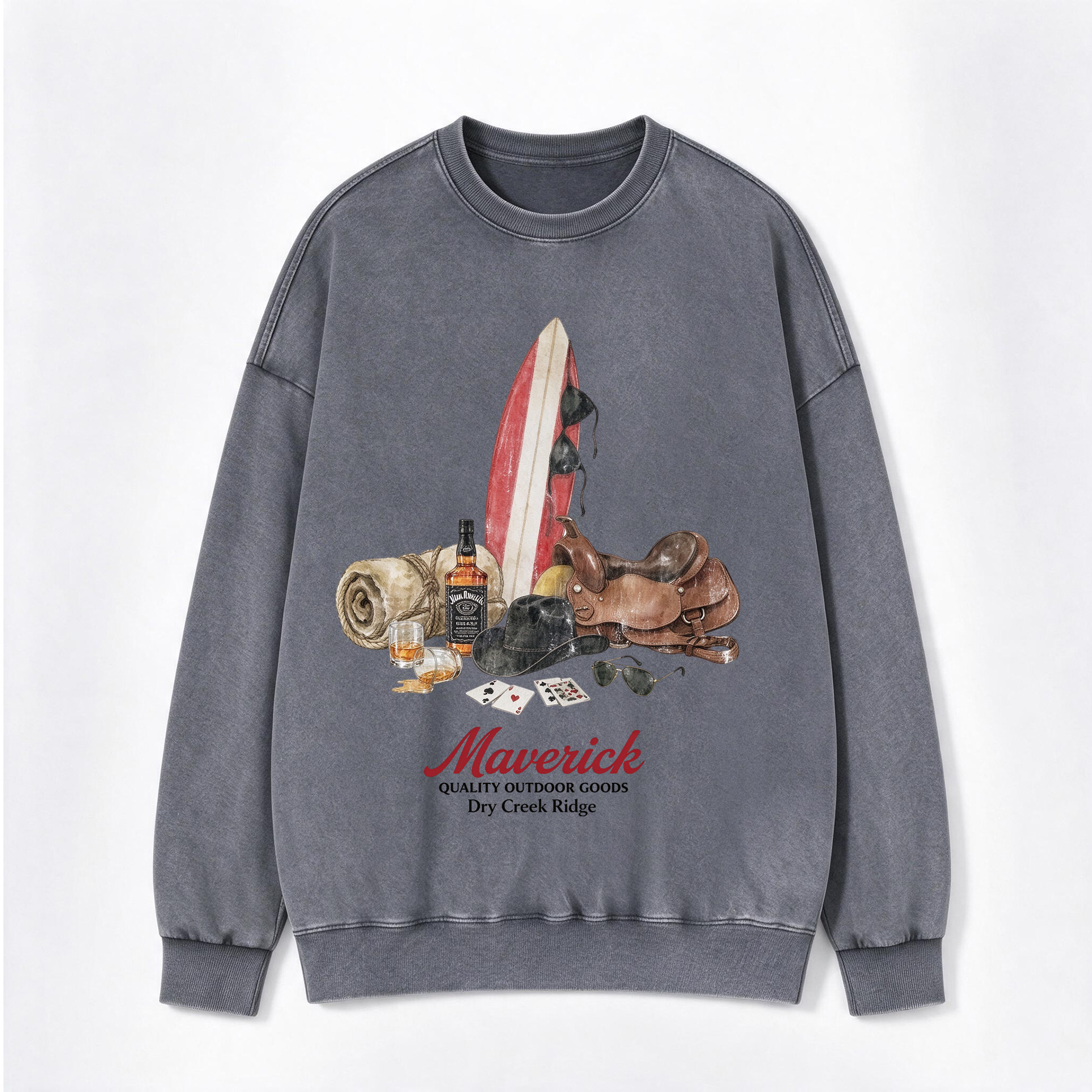 Retro Western Maverick Surf Cowboy Gear Print Washed Crewneck Sweatshirt