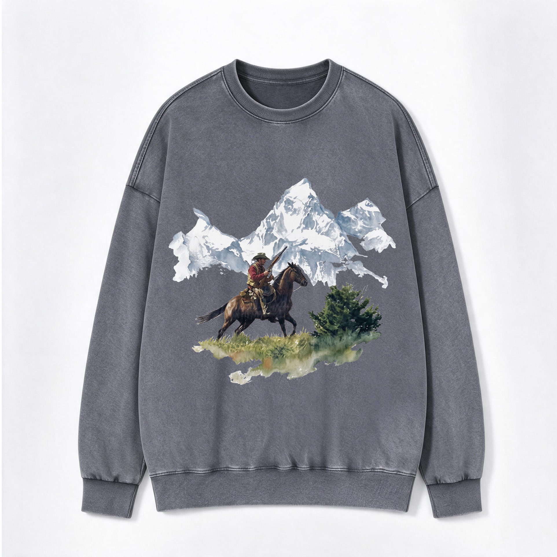 Retro Western Mountain Hunter Cowboy Landscape Print Washed Crewneck Sweatshirt