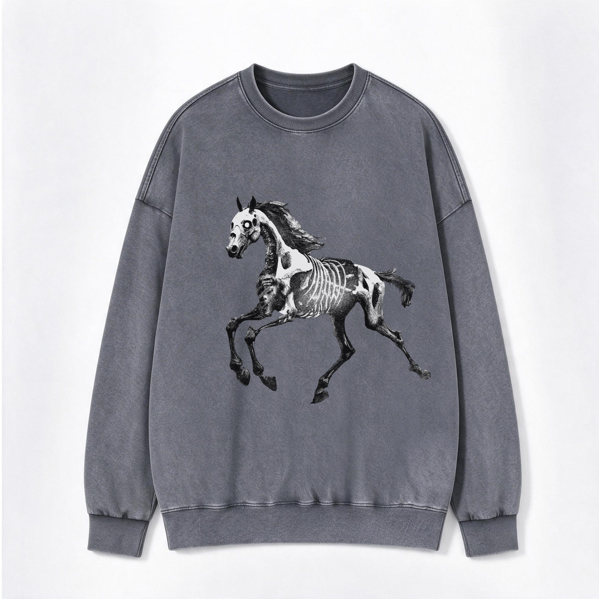 Retro Western Skeleton Horse Galloping Print Washed Crewneck Sweatshirt