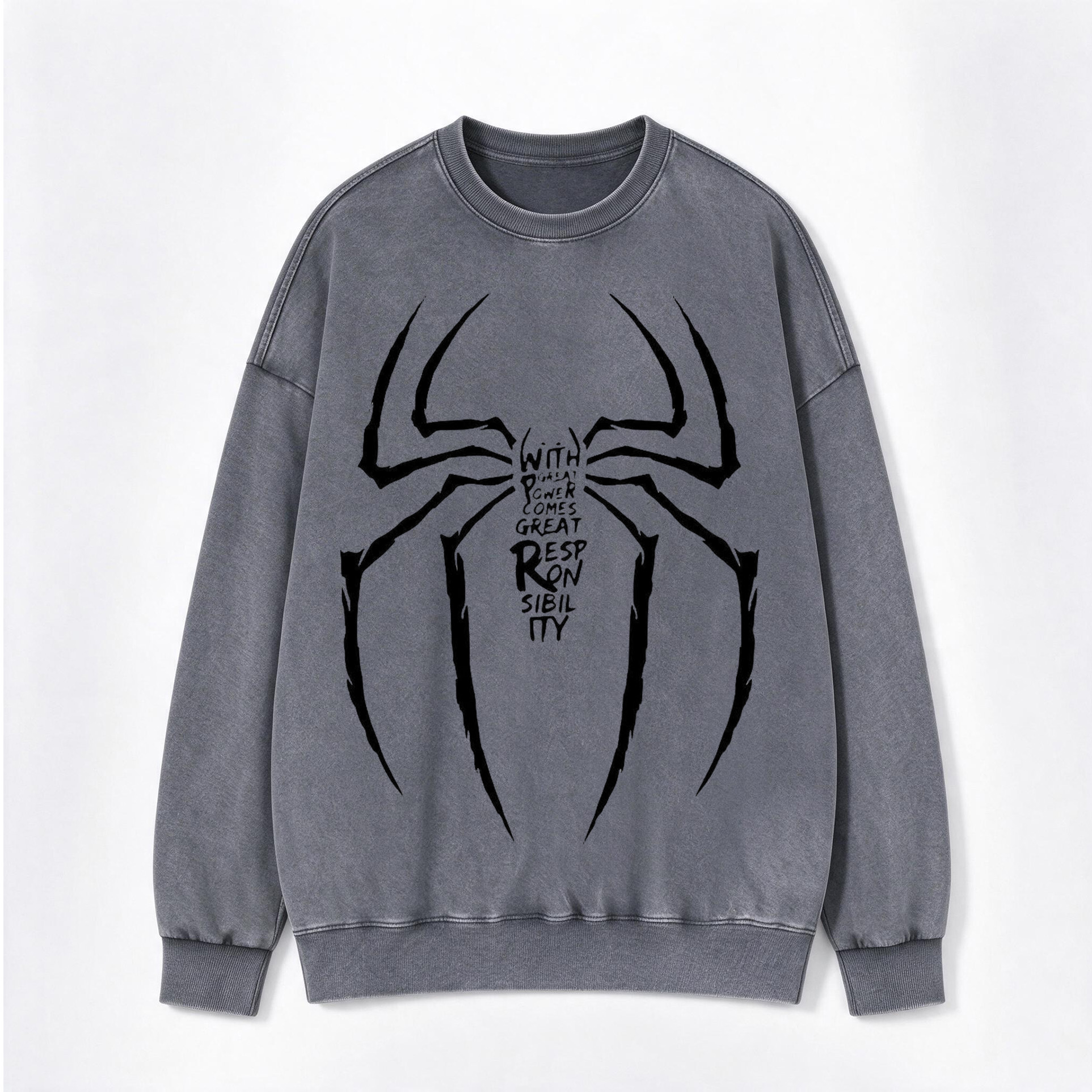 Retro Grunge Spider Quote Print Washed Crewneck Sweatshirt