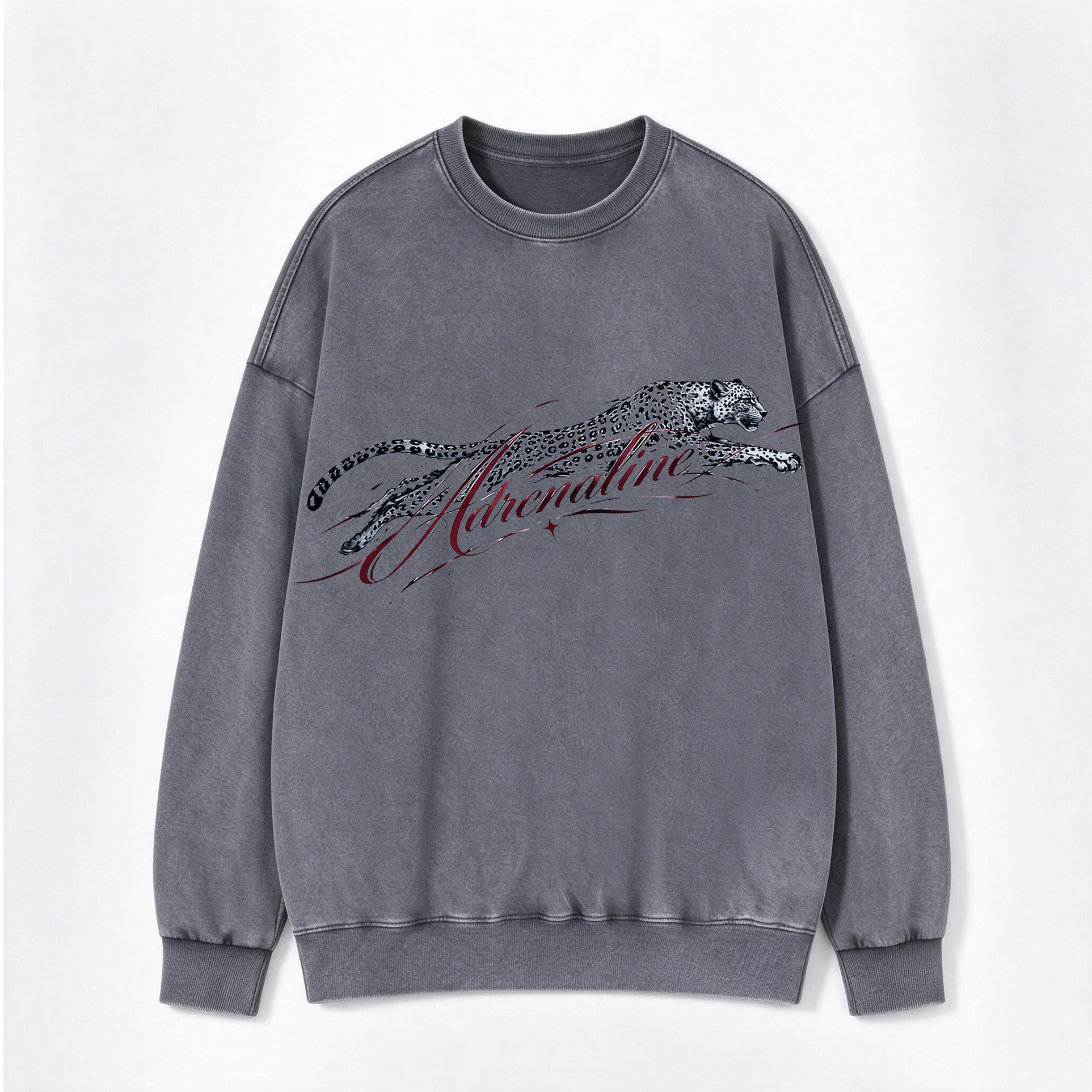 Vintage Adrenaline Leaping Cheetah Script Print Washed Crewneck Sweatshirt