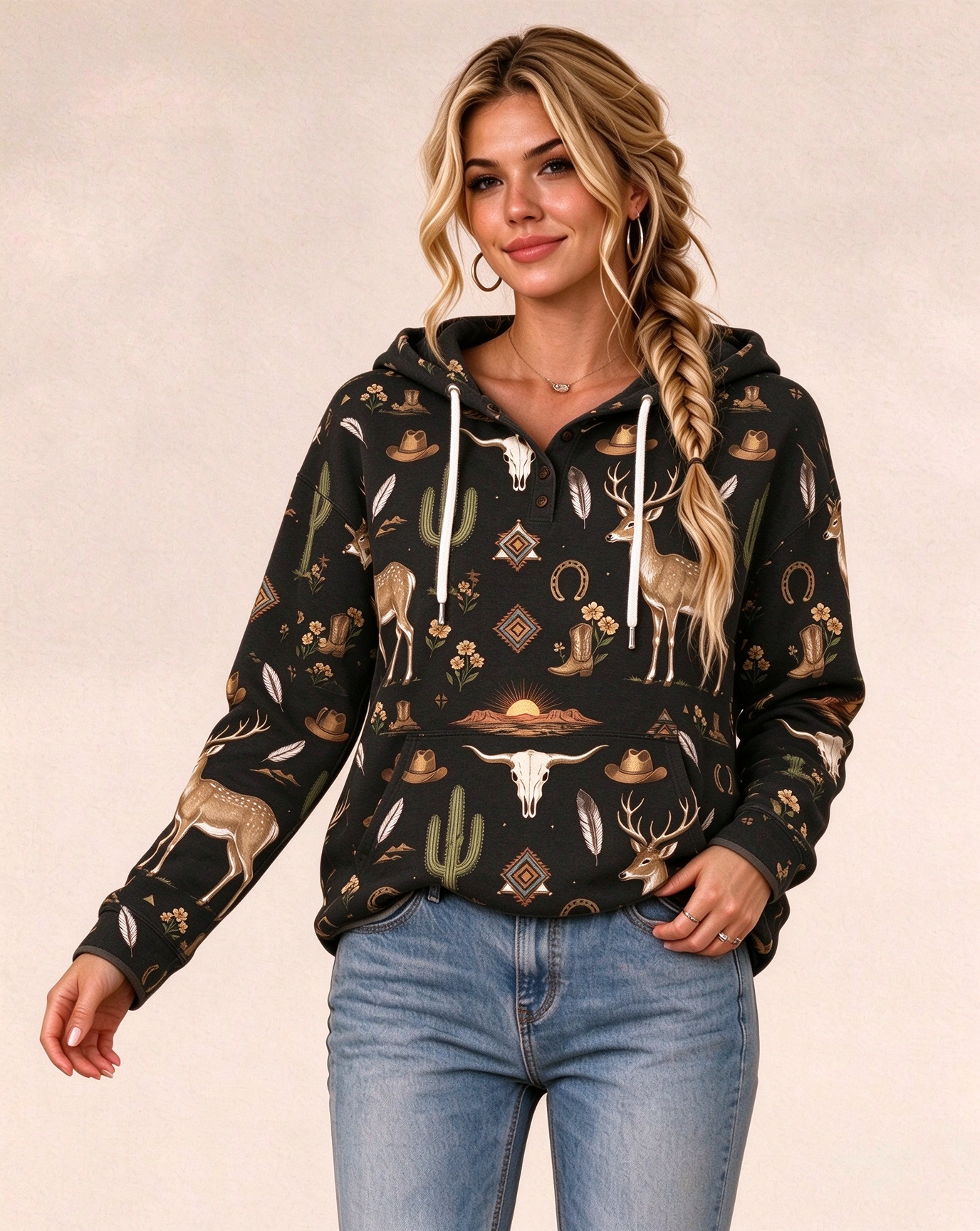 Boho Desert Deer & Bull Skull Printed with Pocket as Fashionable Top 