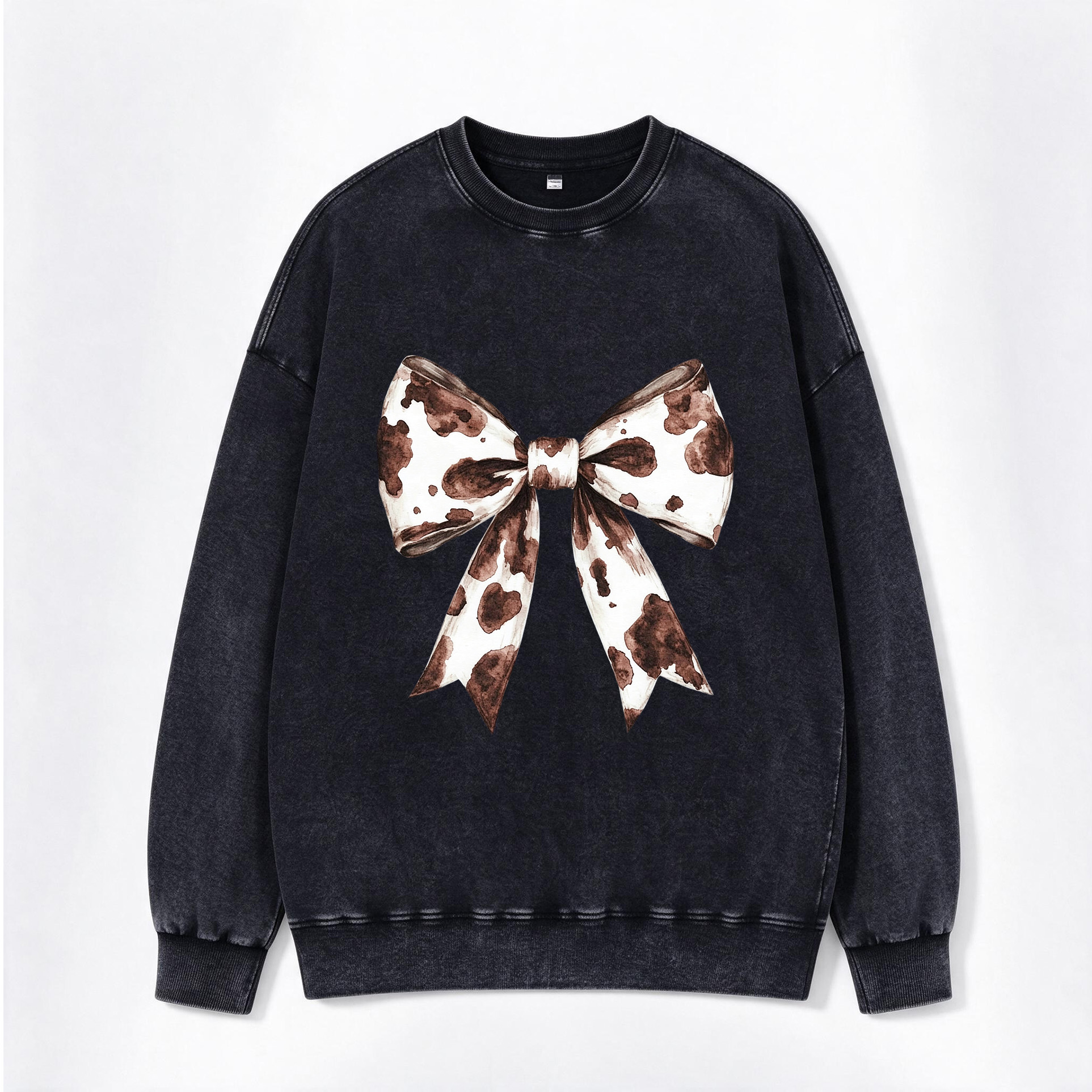 Vintage Western Cow Print Bow Back Print Washed Crewneck Sweatshirt