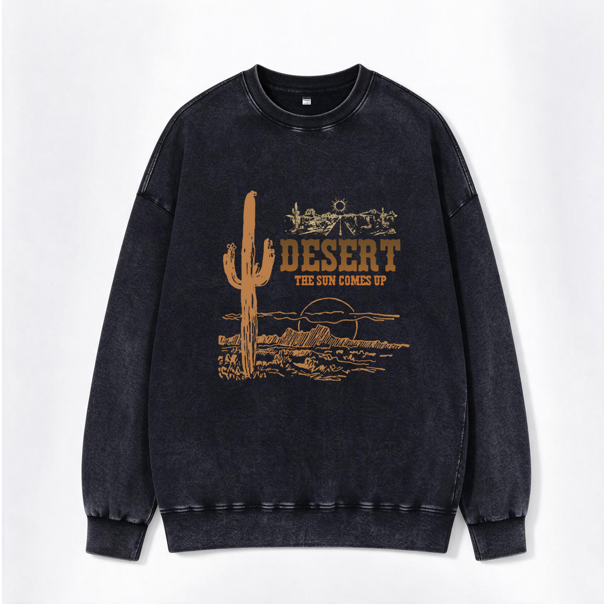 Vintage Western Cactus & Sunset Print Washed Crewneck Sweatshirt
