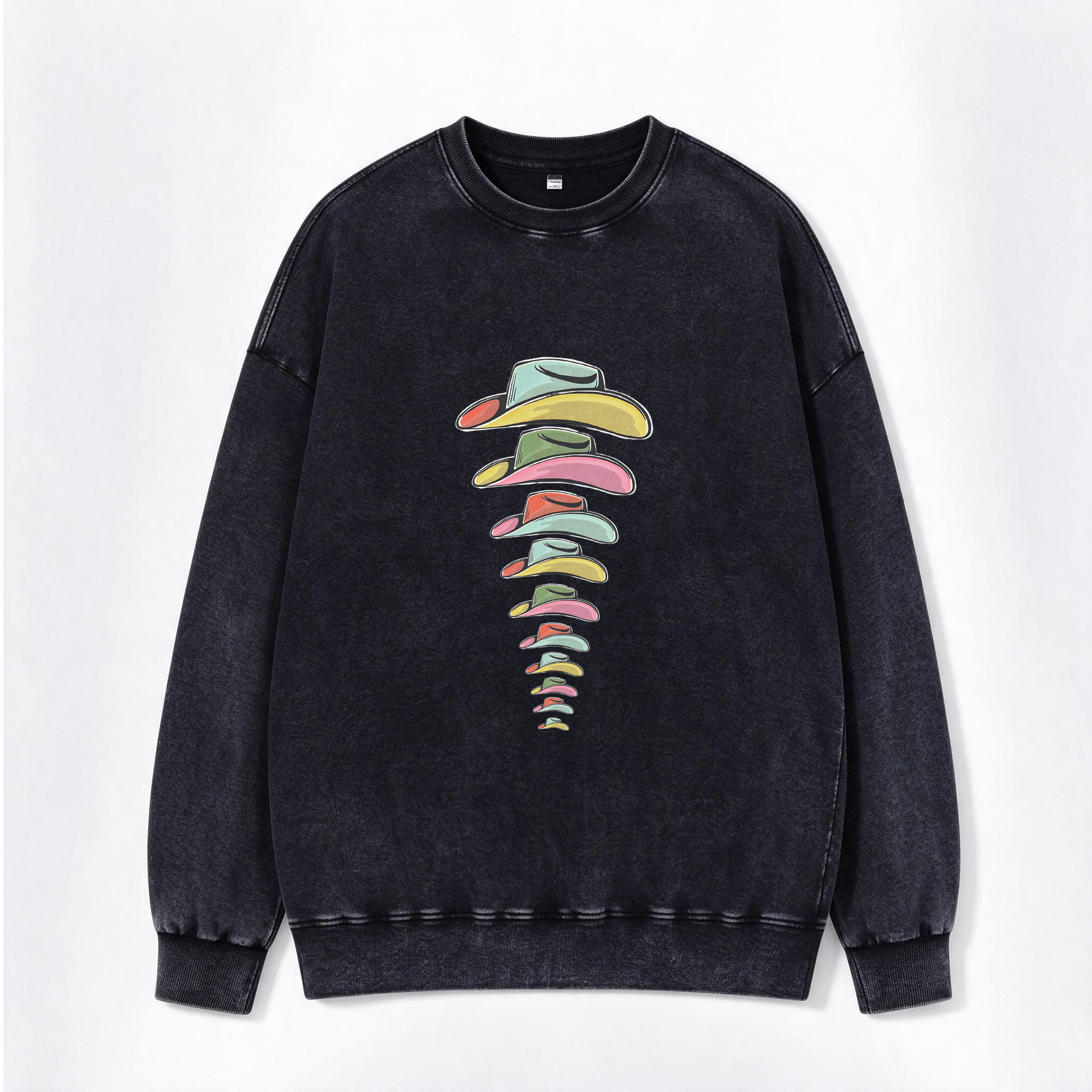 Vintage Rainbow Cowboy Hat Stack Print Washed Crewneck Sweatshirt