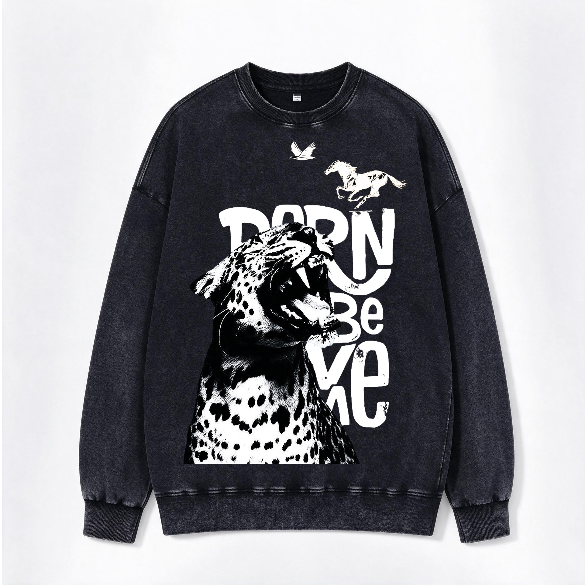 Born Wild Leopard Horse Eagle Print Washed Crewneck Sweatshirt