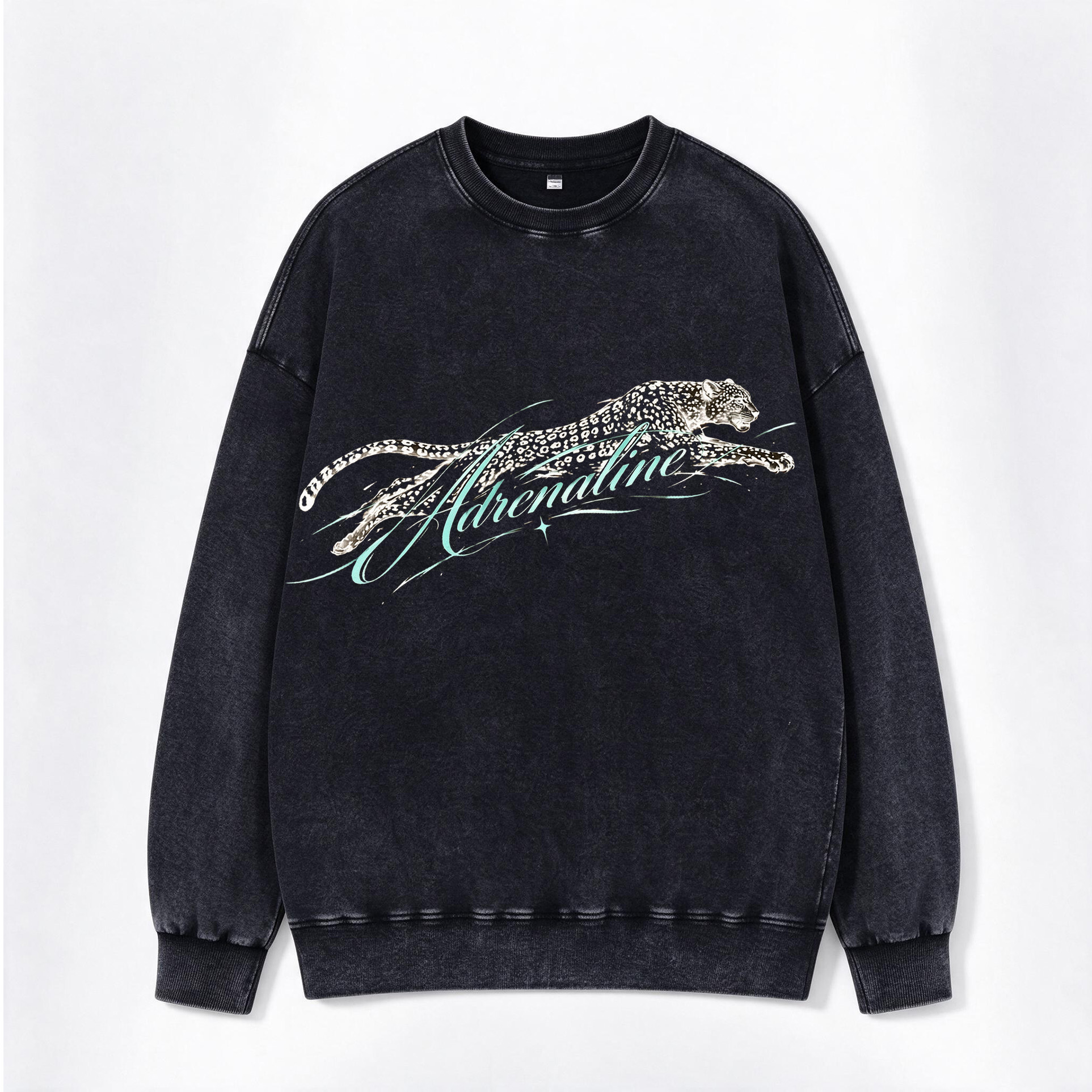 Vintage Adrenaline Leaping Cheetah Script Print Washed Crewneck Sweatshirt
