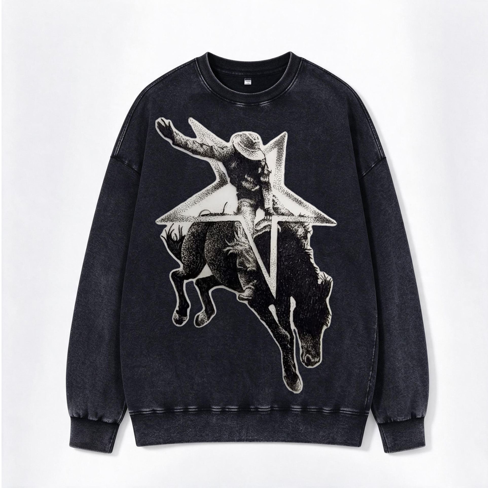 Retro Western Star Bucking Bronco Cowboy Print Washed Crewneck Sweatshirt