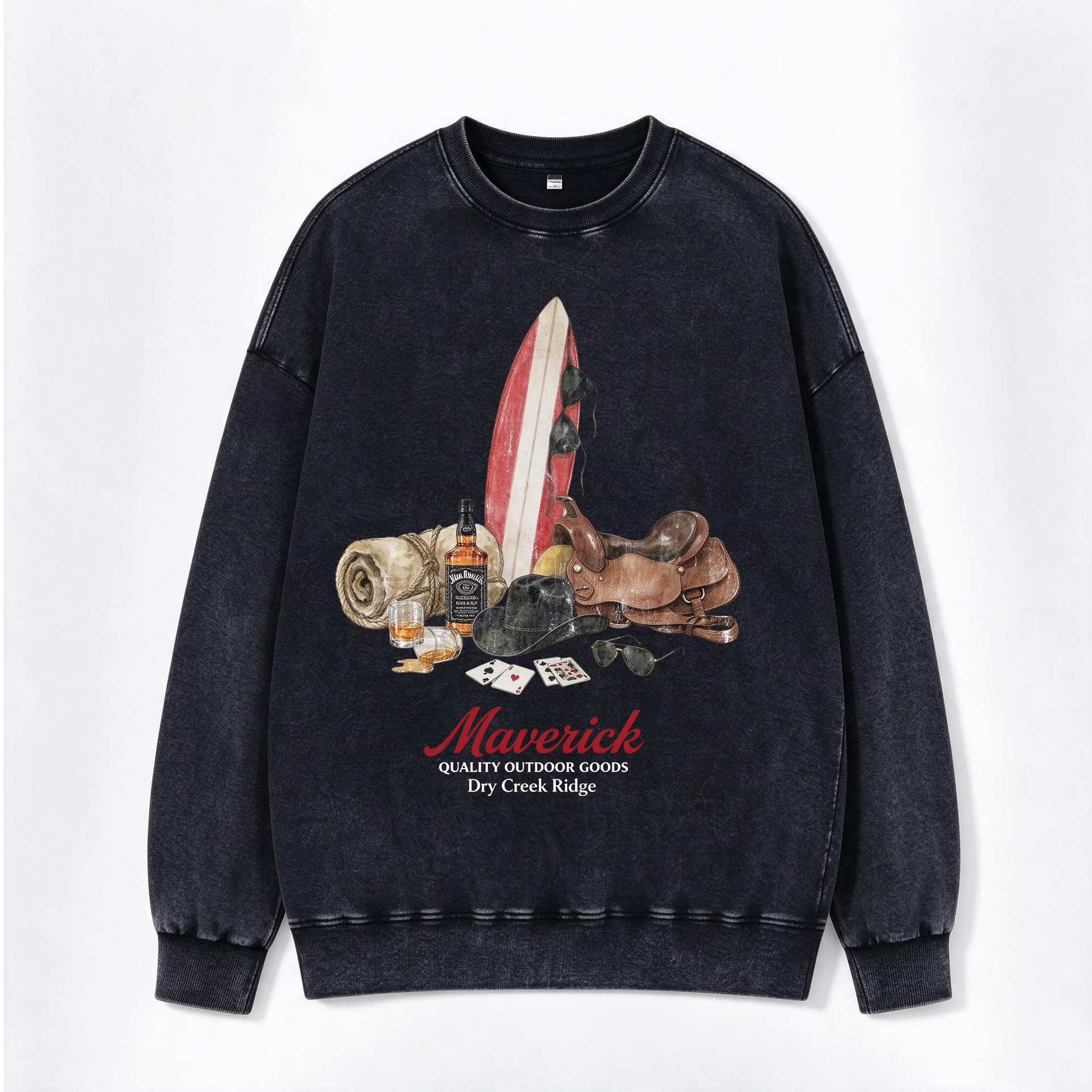 Retro Western Maverick Surf Cowboy Gear Print Washed Crewneck Sweatshirt
