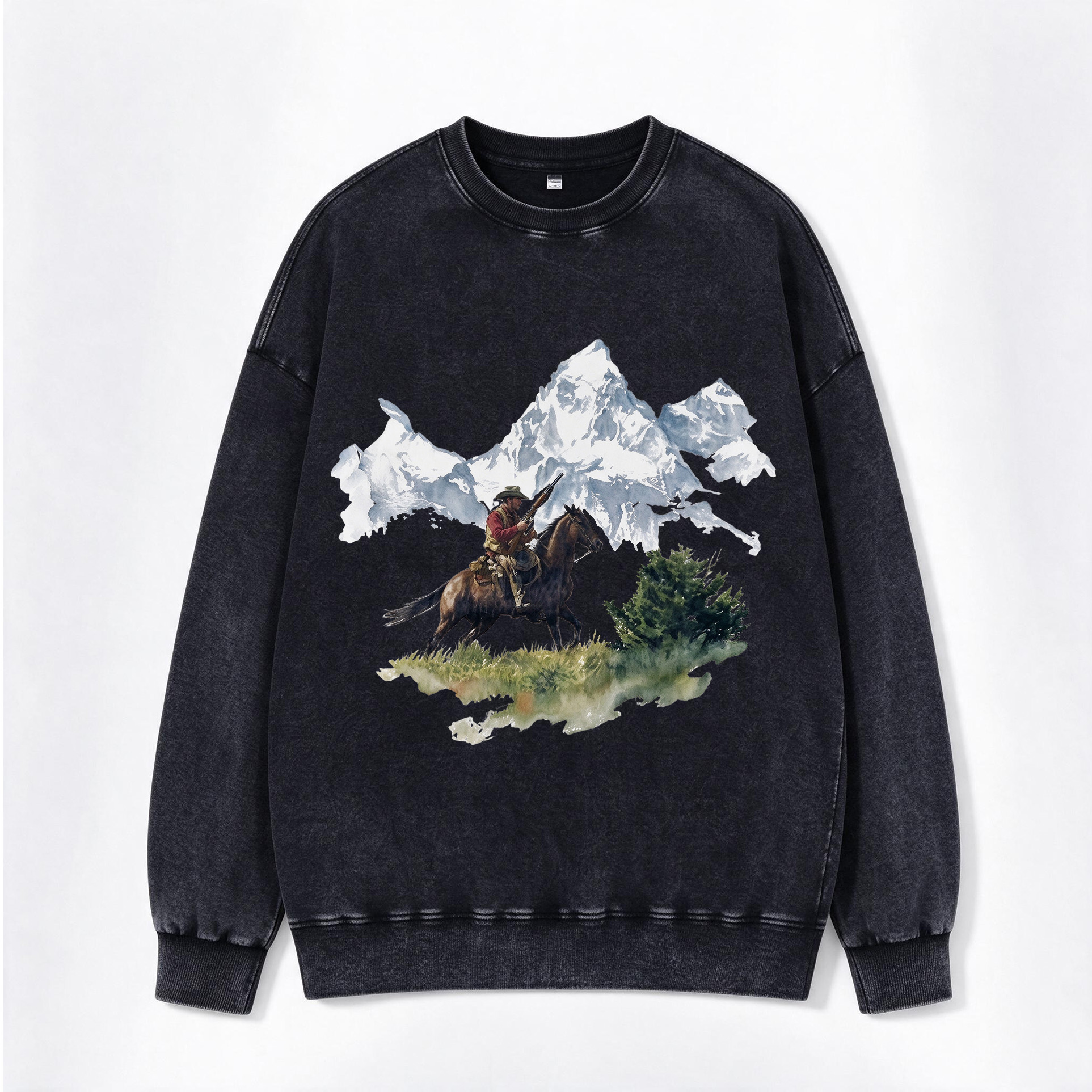 Retro Western Mountain Hunter Cowboy Landscape Print Washed Crewneck Sweatshirt