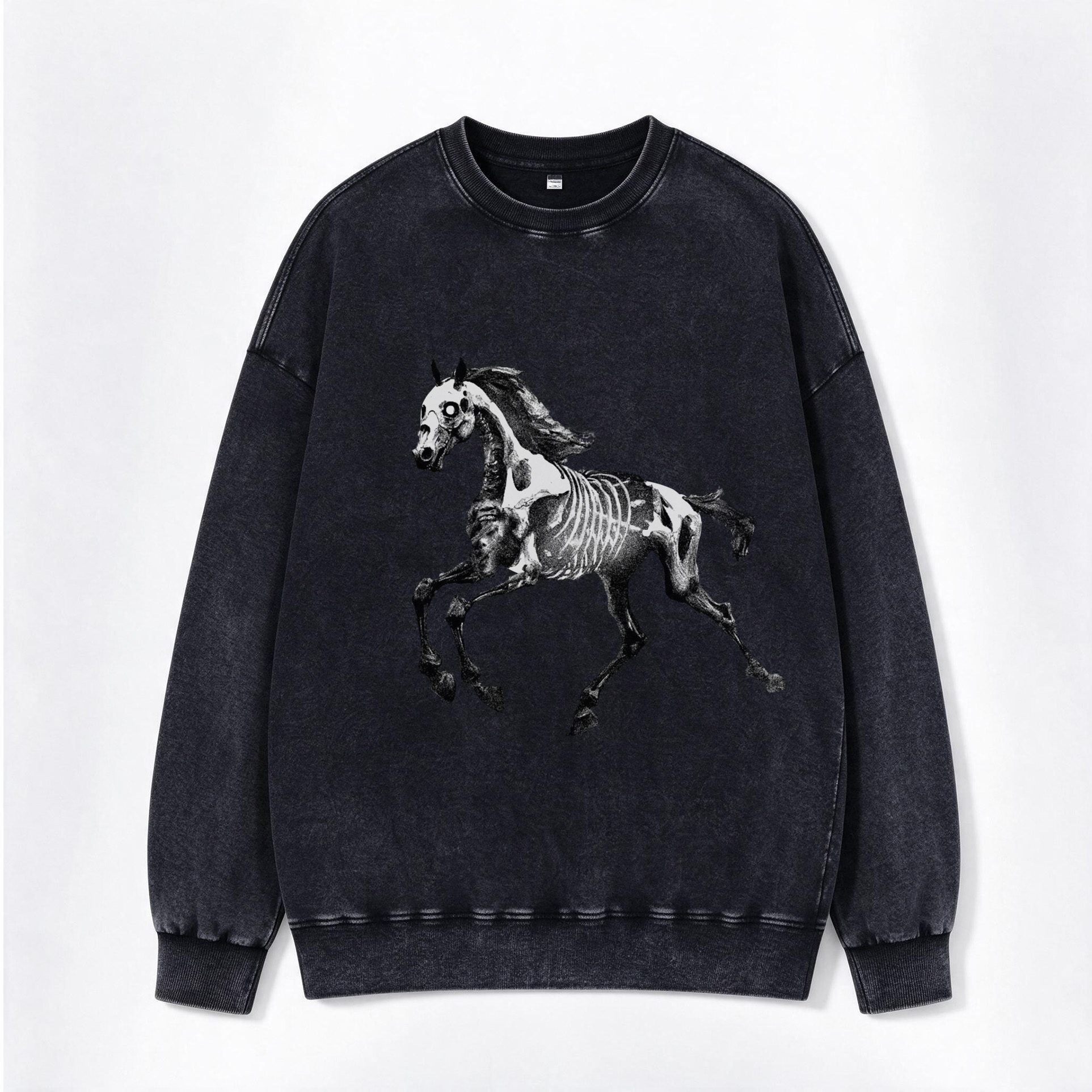Retro Western Skeleton Horse Galloping Print Washed Crewneck Sweatshirt