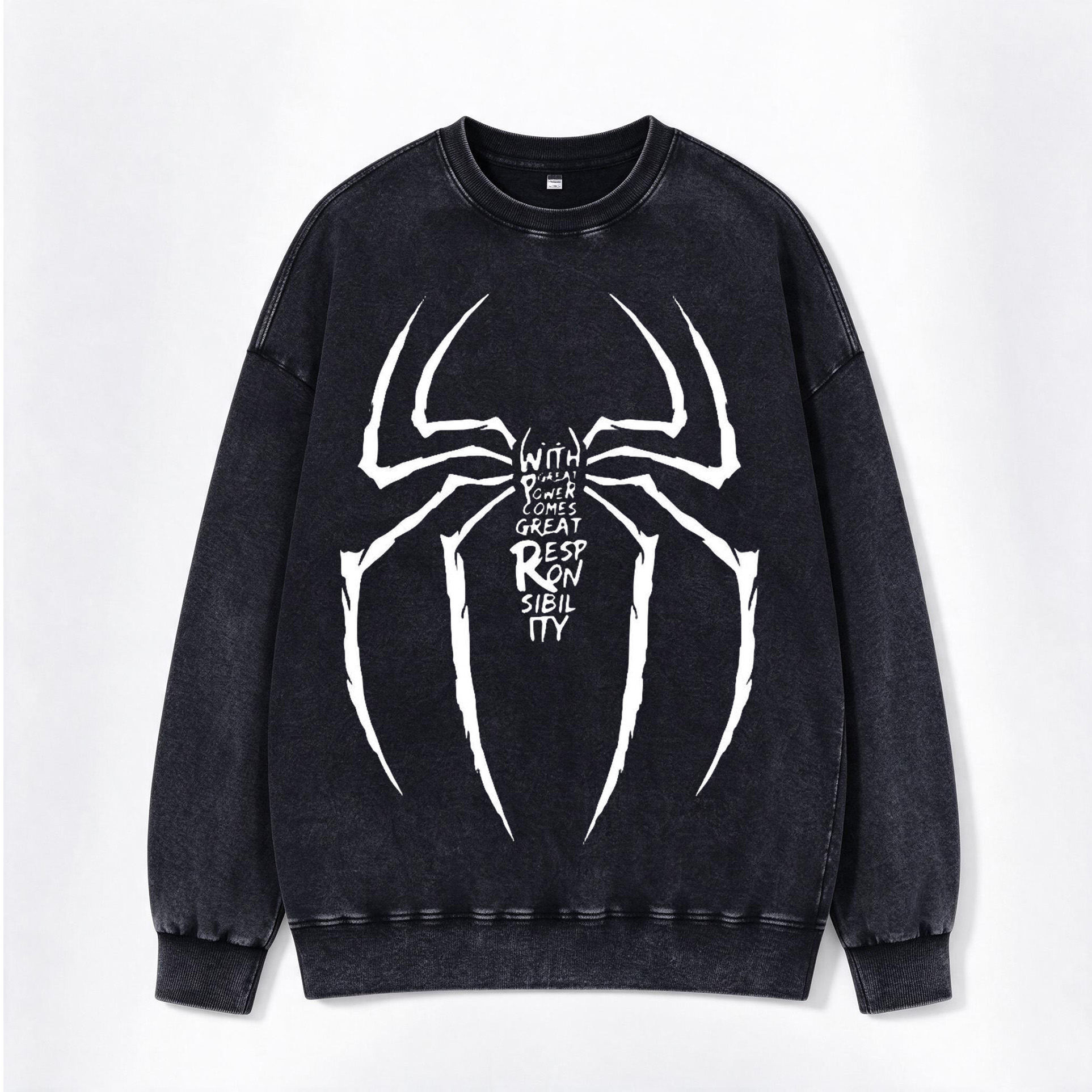 Retro Grunge Spider Quote Print Washed Crewneck Sweatshirt