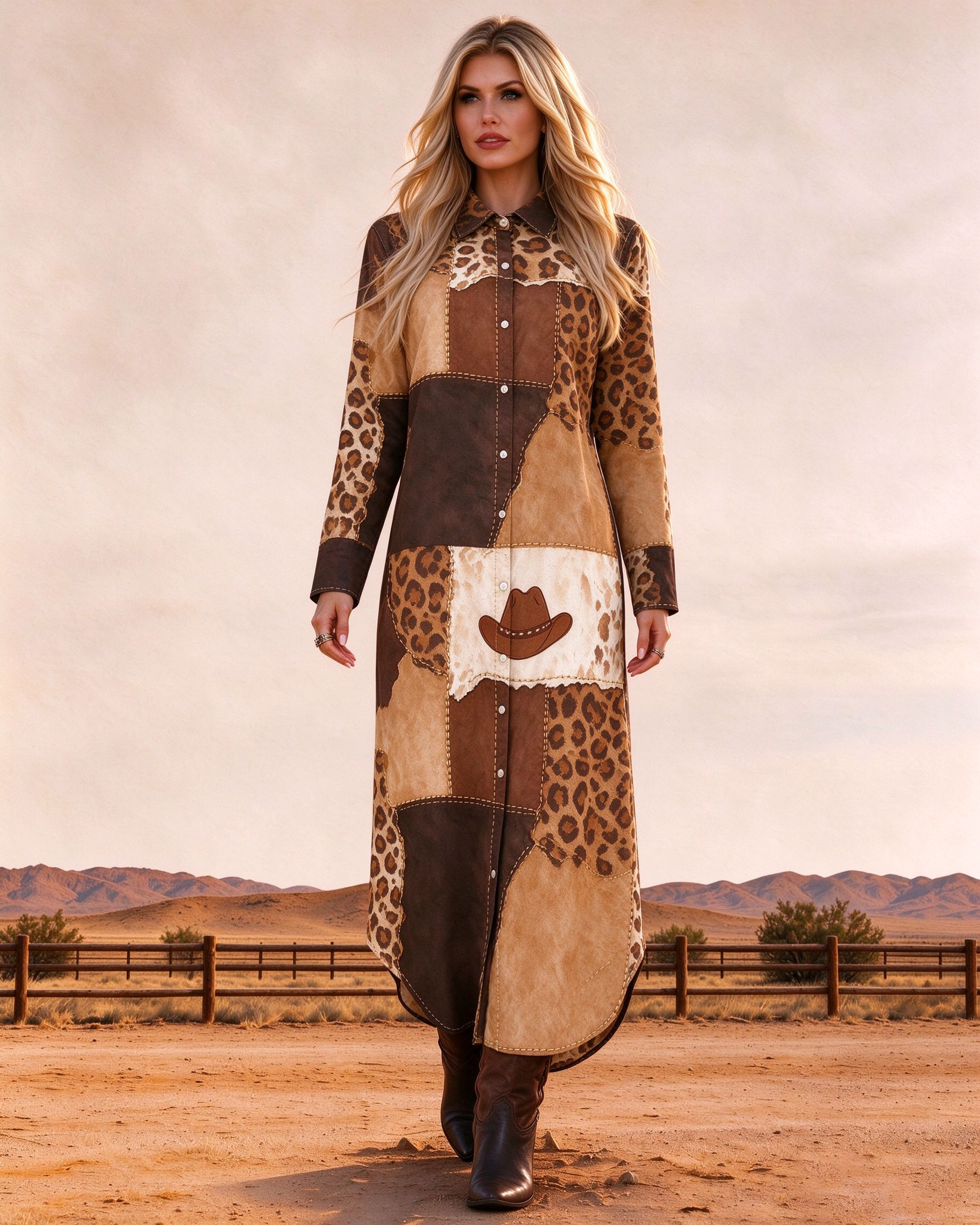 Vintage Western Patchwork Long Sleeve Maxi Dress