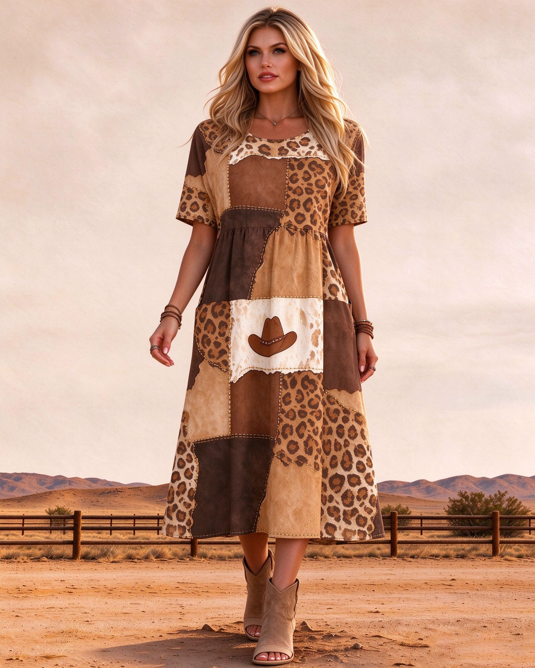 Vintage Western Patchwork Midi Dress with Pockets