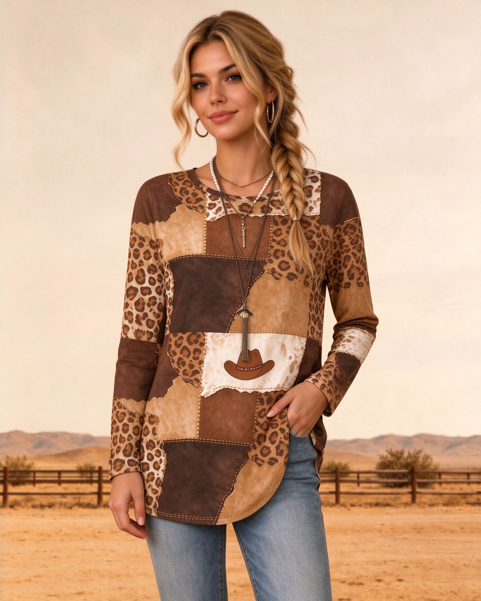 Vintage Western Patchwork round neck women's top