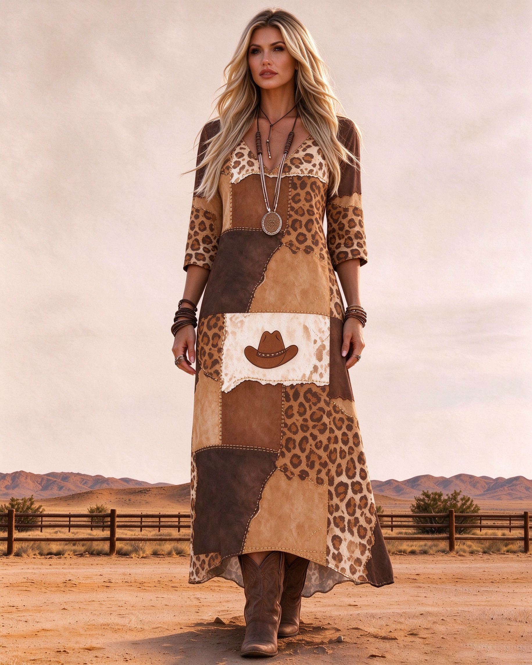 V-neck Western patchwork cowboy hat appliqué print long dress