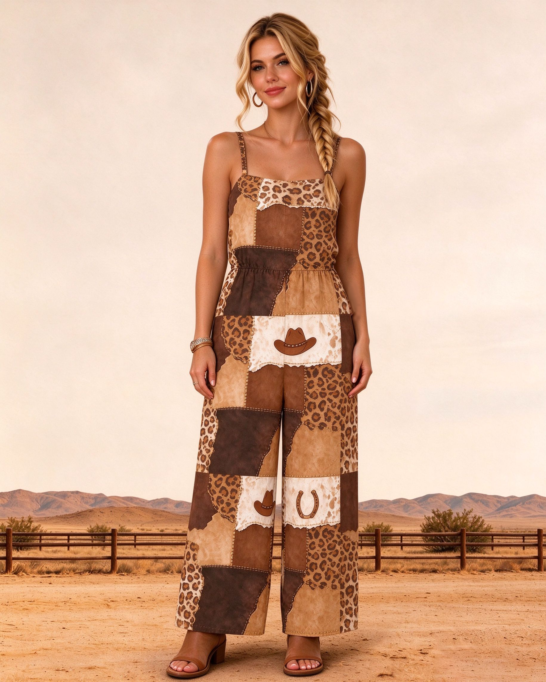 Vintage Western Patchwork leopard print wide-leg jumpsuit