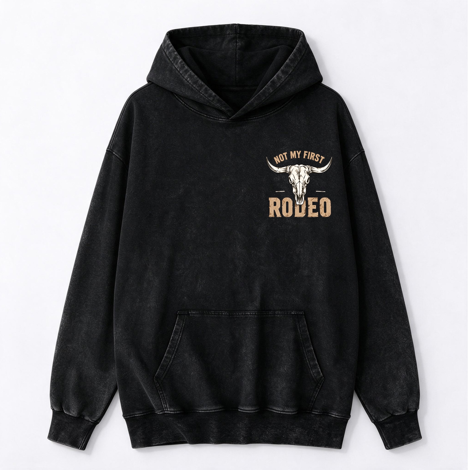 Vintage Bull Skull Back Printed Washed Hoodie