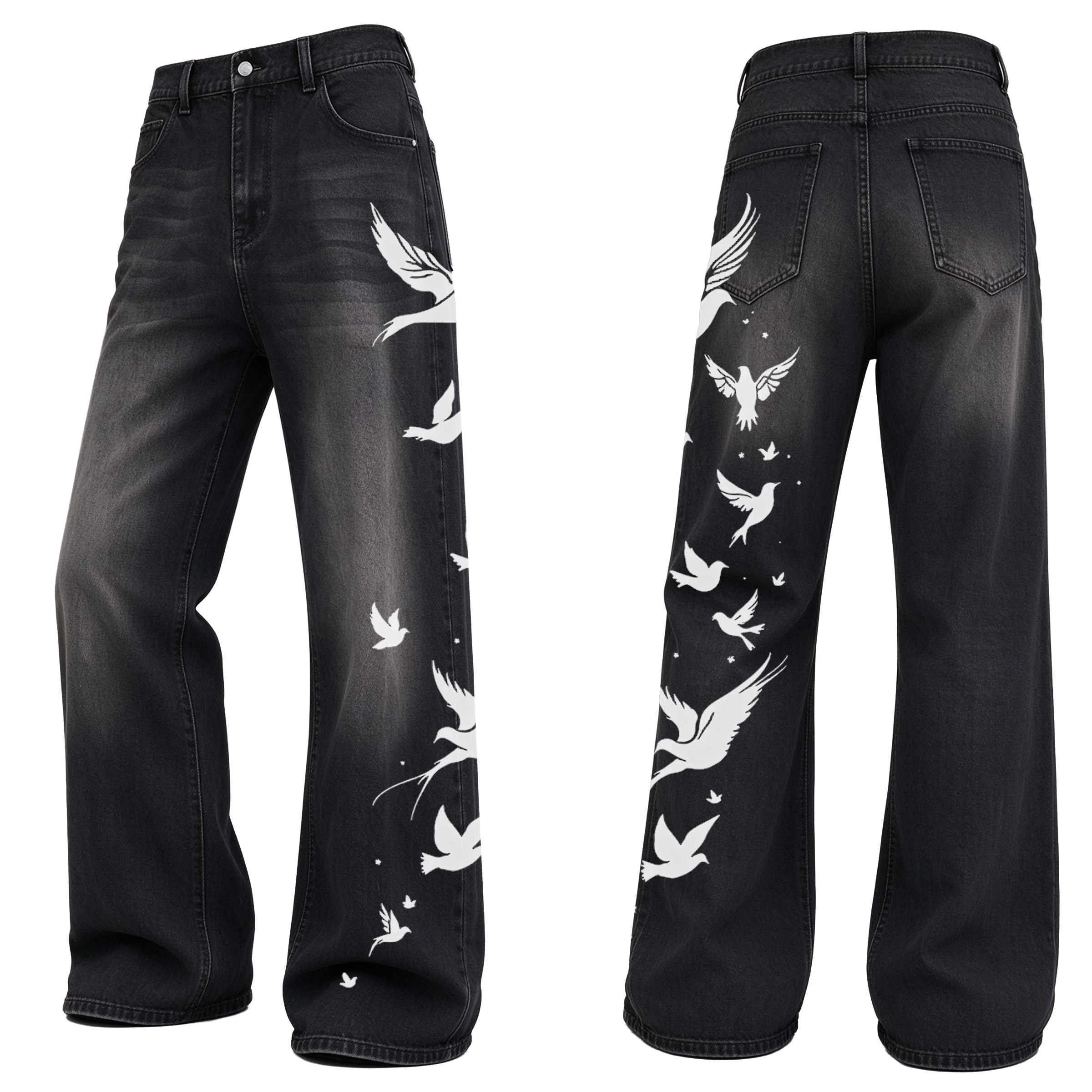 High Waisted Flying Dove Graphic Wide Leg Jeans