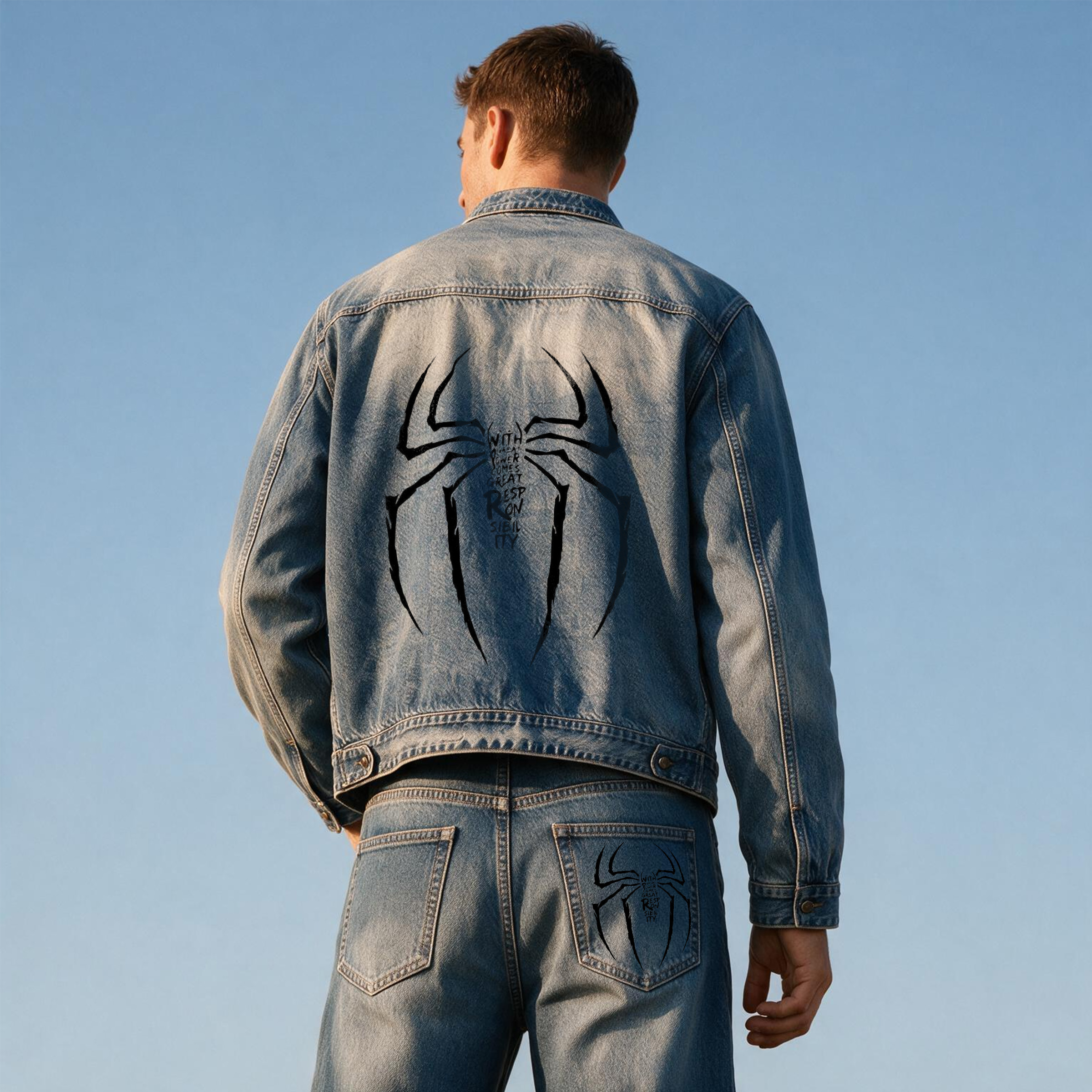 Vintage Spider Slogan Back Print Graphic Denim Jacket