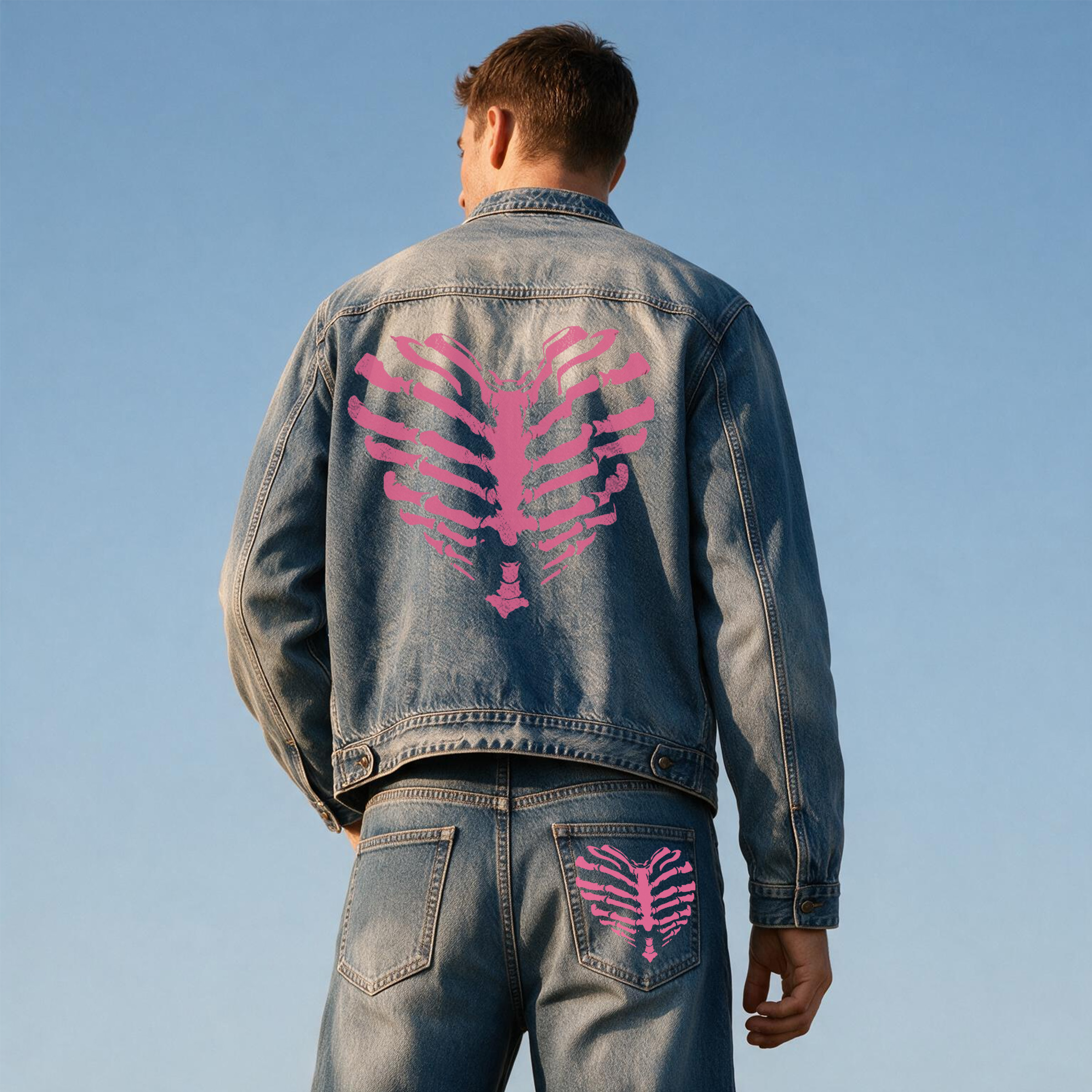 Vintage Gothic Heart Skeleton Back Graphic Denim Jacket