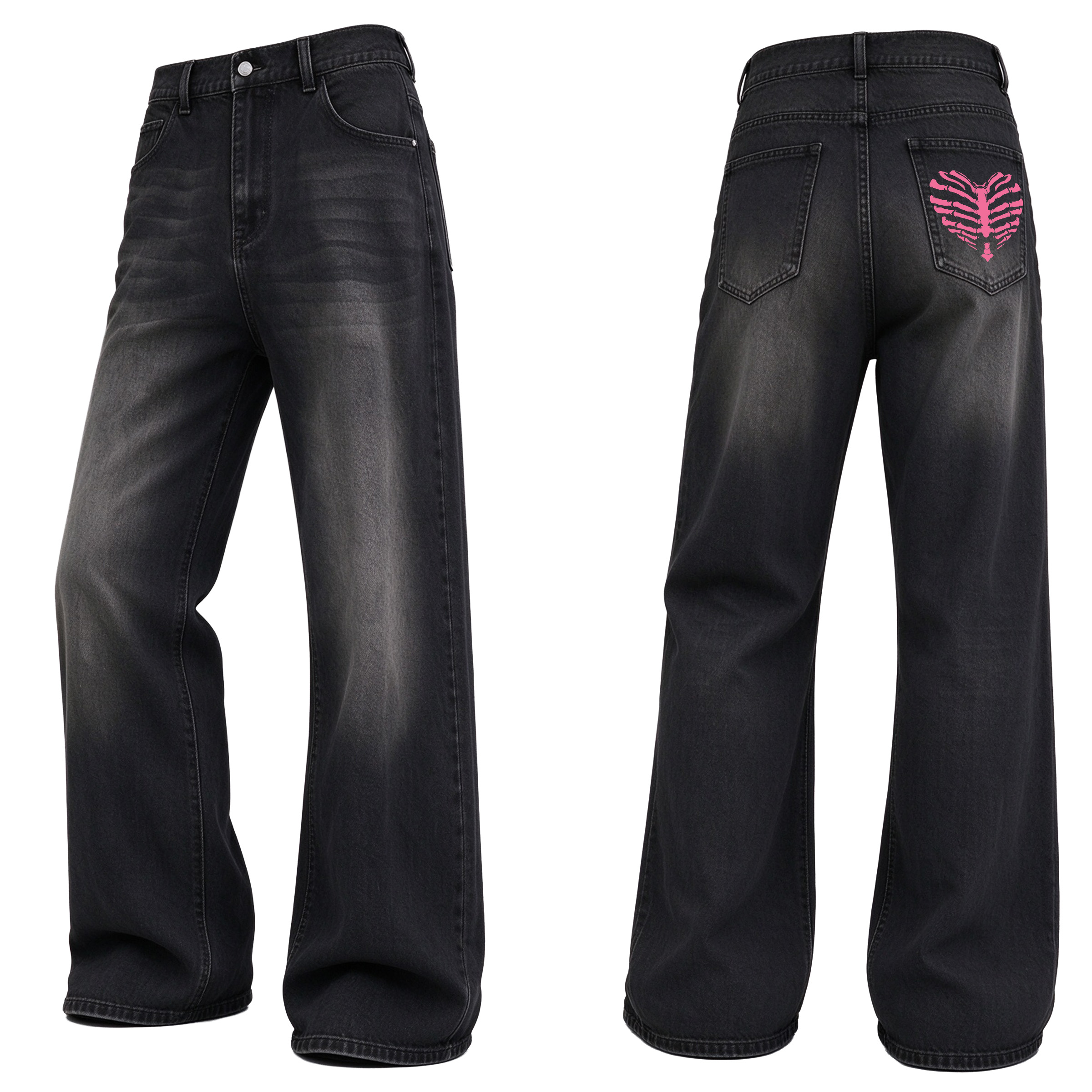 Vintage Gothic Heart Skeleton Graphic Wide Leg Jeans