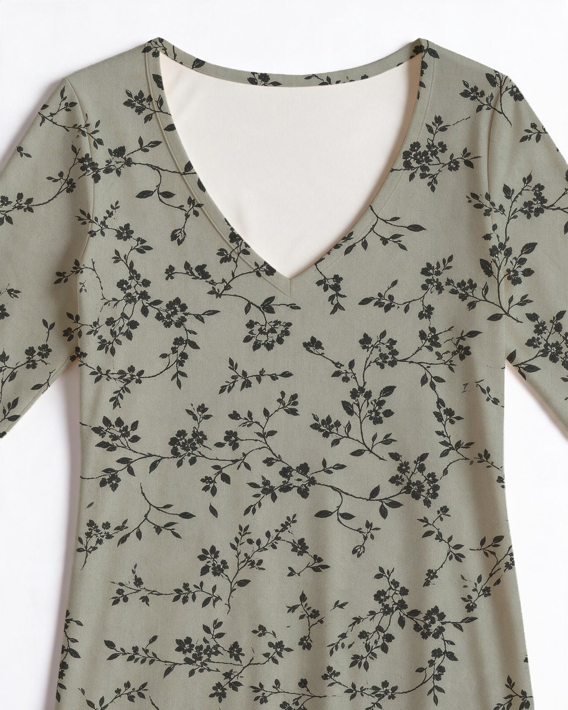 Sage green plant vine Western V-Neck Printed Dress | Allover Print