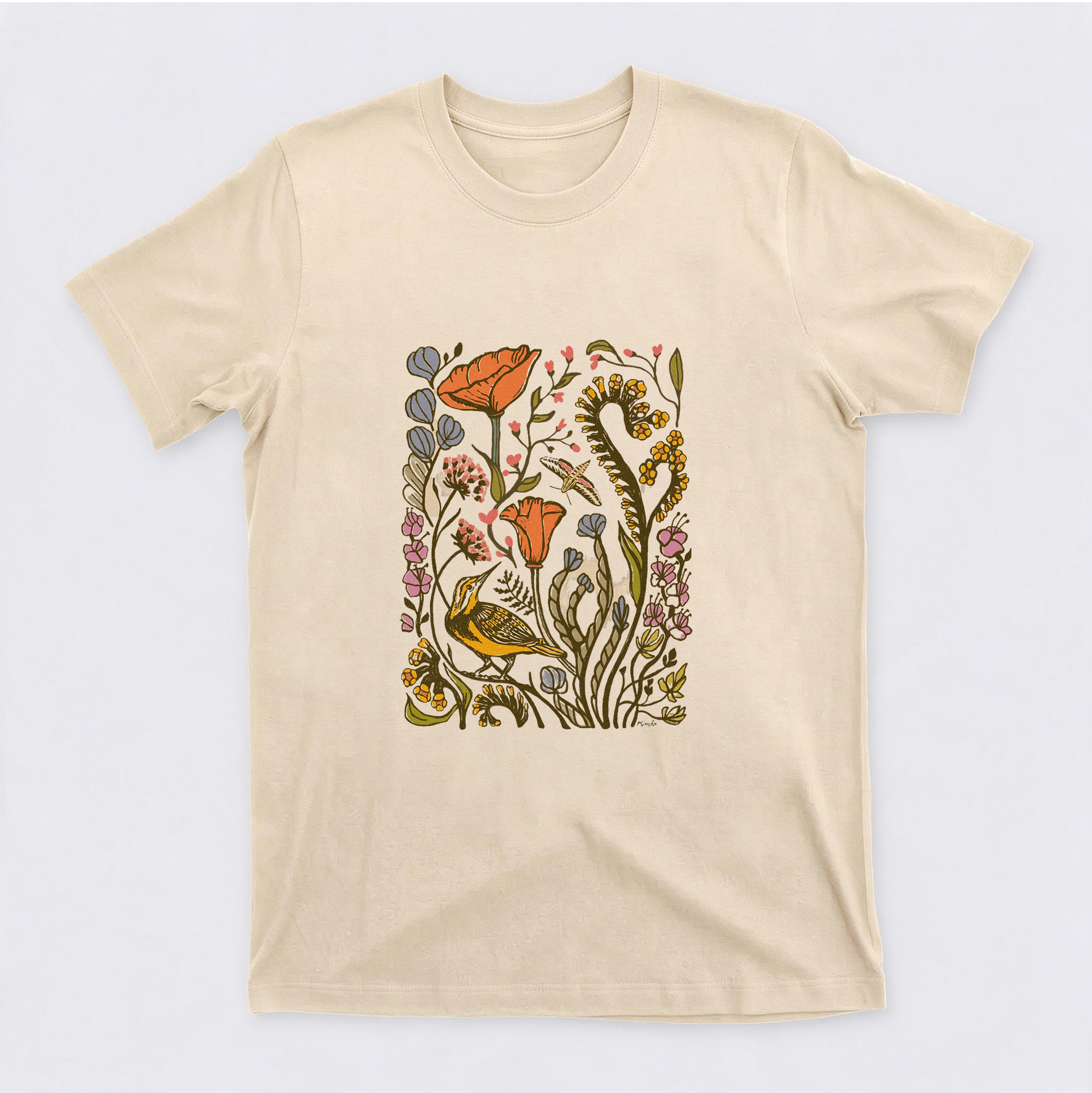 Vintage Botanical Wildflower & Bird Graphic Cotton Short Sleeve Crewneck T-Shirt