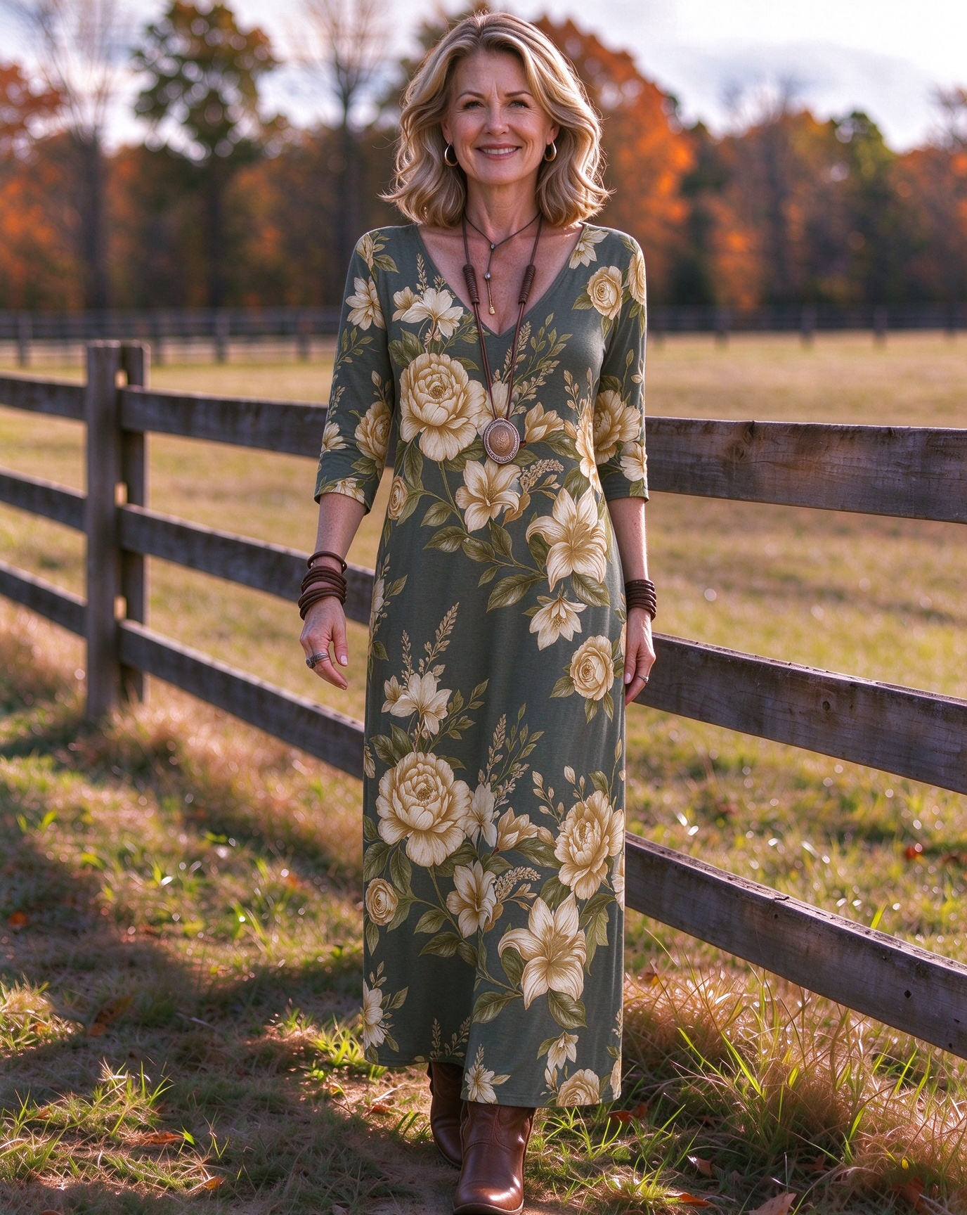 Large peony and lily flowers Western V-Neck Printed Dress | Allover Print