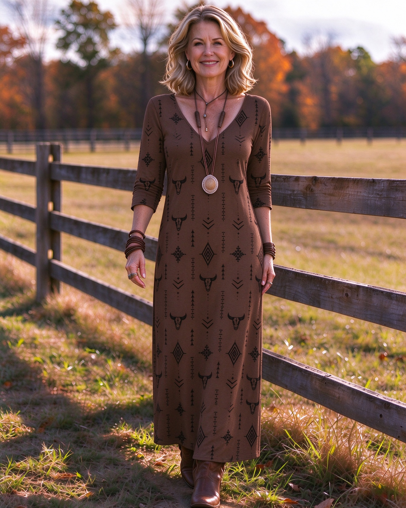 Long bull skull and Aztec geometric combination Western V-Neck Printed Dress | Allover Print