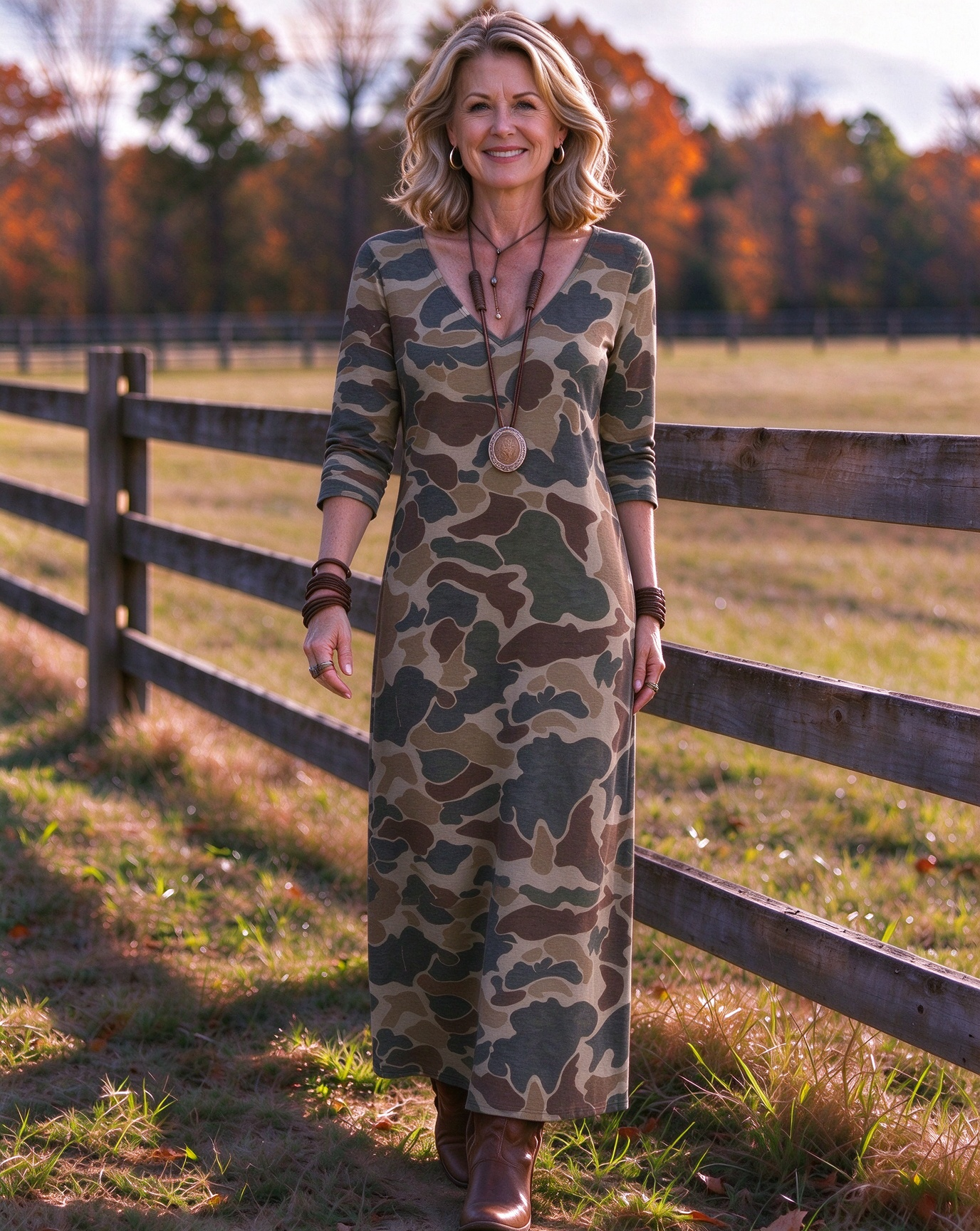 camouflage Western V-Neck Printed Dress | Allover Print