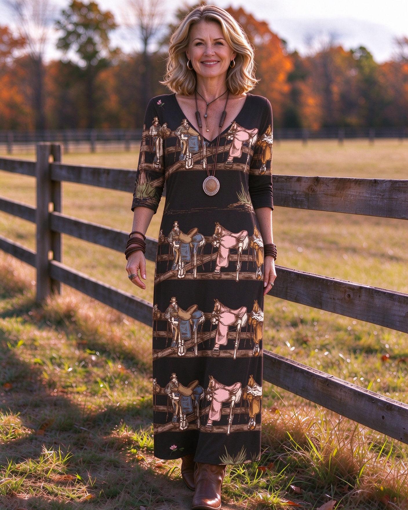 Horse enclosure scene Western V-Neck Printed Dress | Allover Print