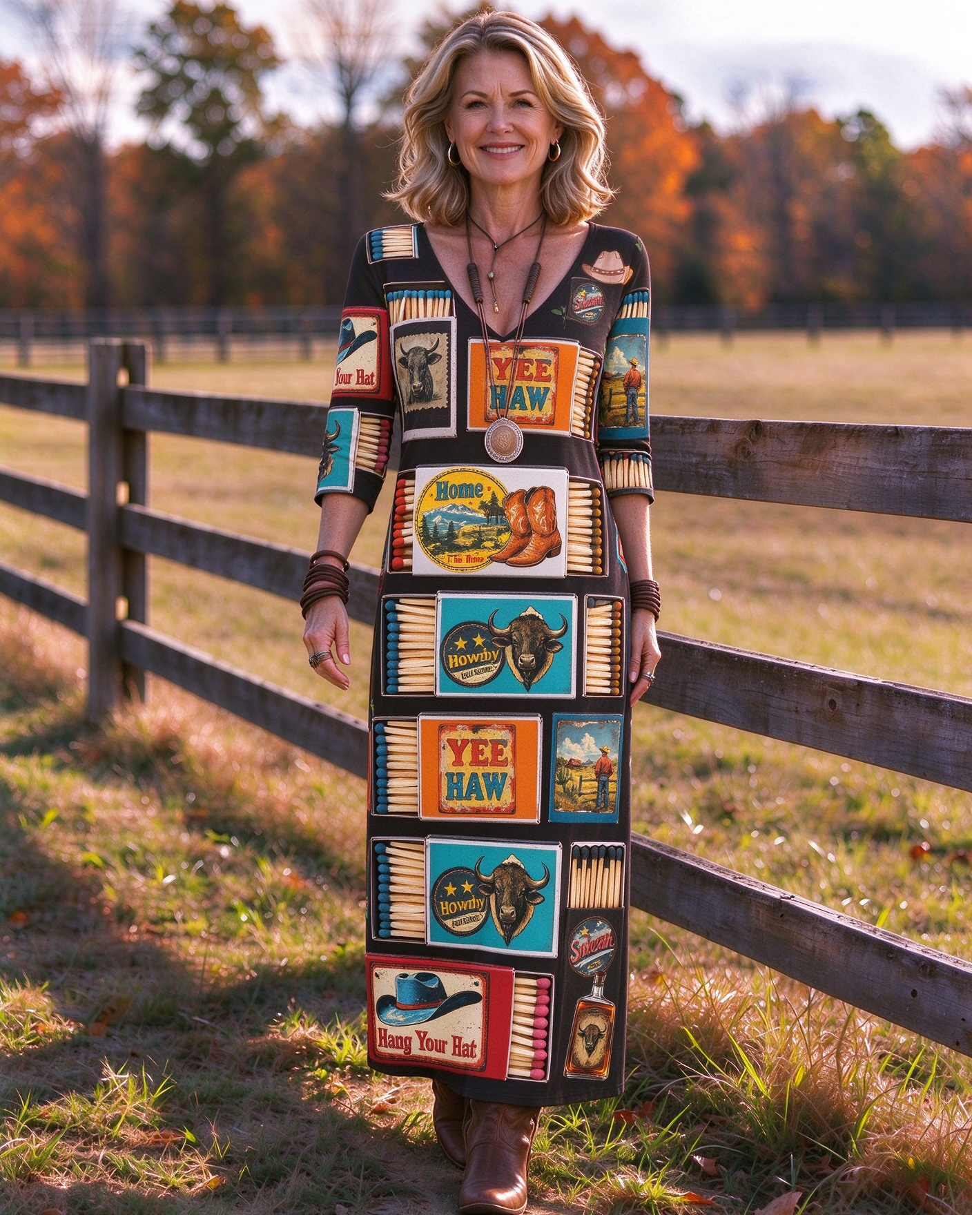 Retro matchbox poster collage Western V-Neck Printed Dress | Allover Print