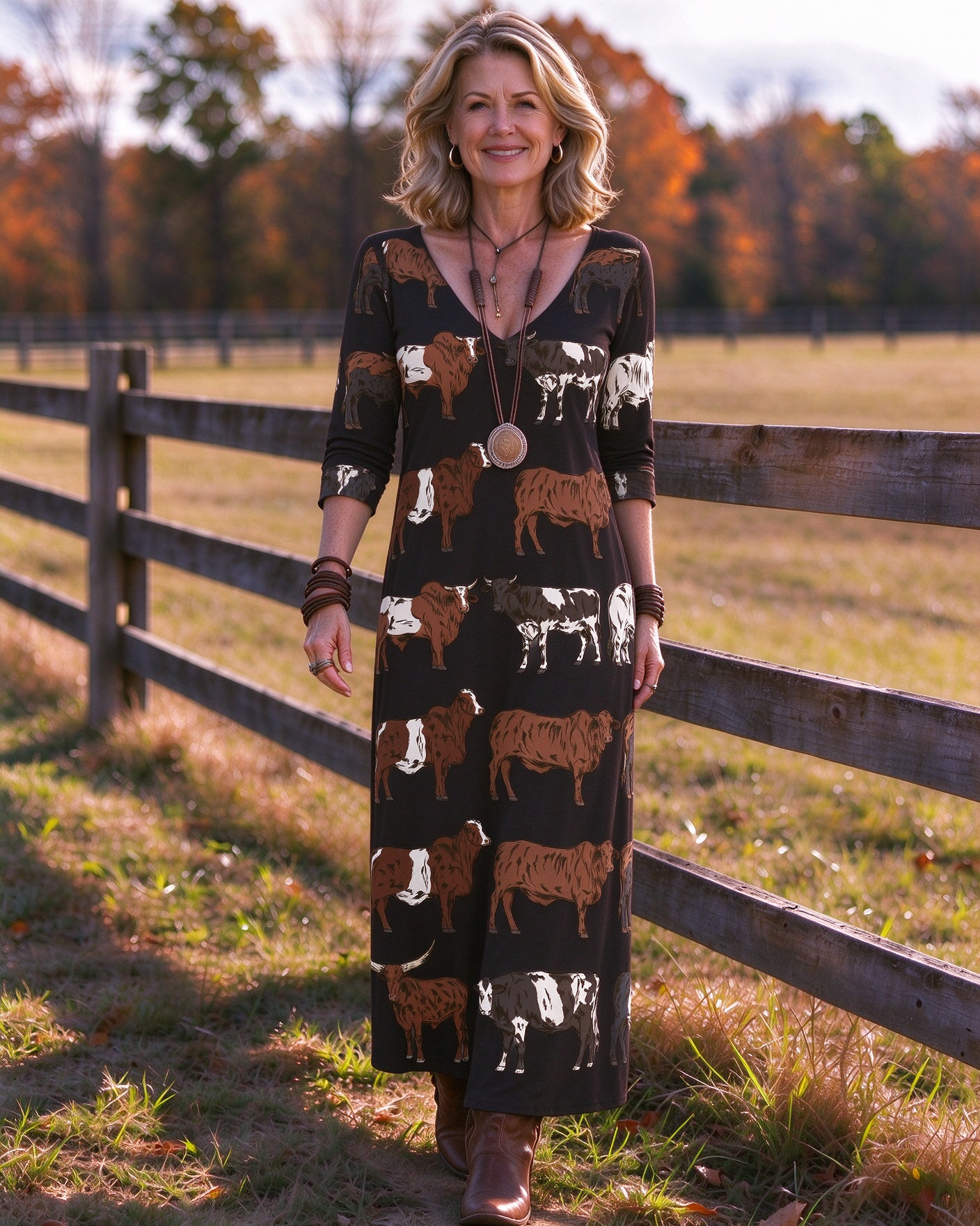 dairy animals Western V-Neck Printed Dress | Allover Print
