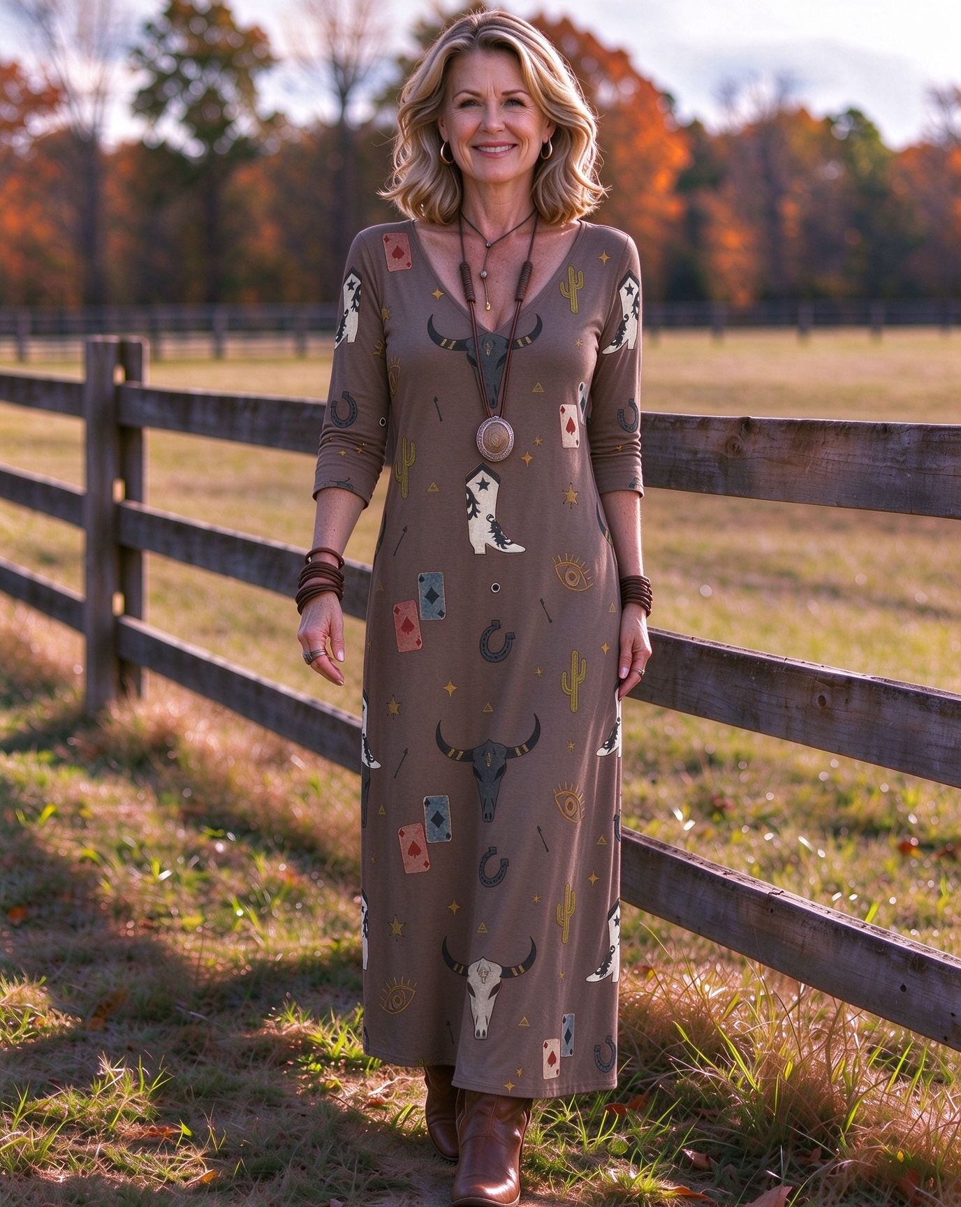 Cowboy Boot Longhorn & Poker Card Mixed Western V-Neck Printed Dress | Allover Print