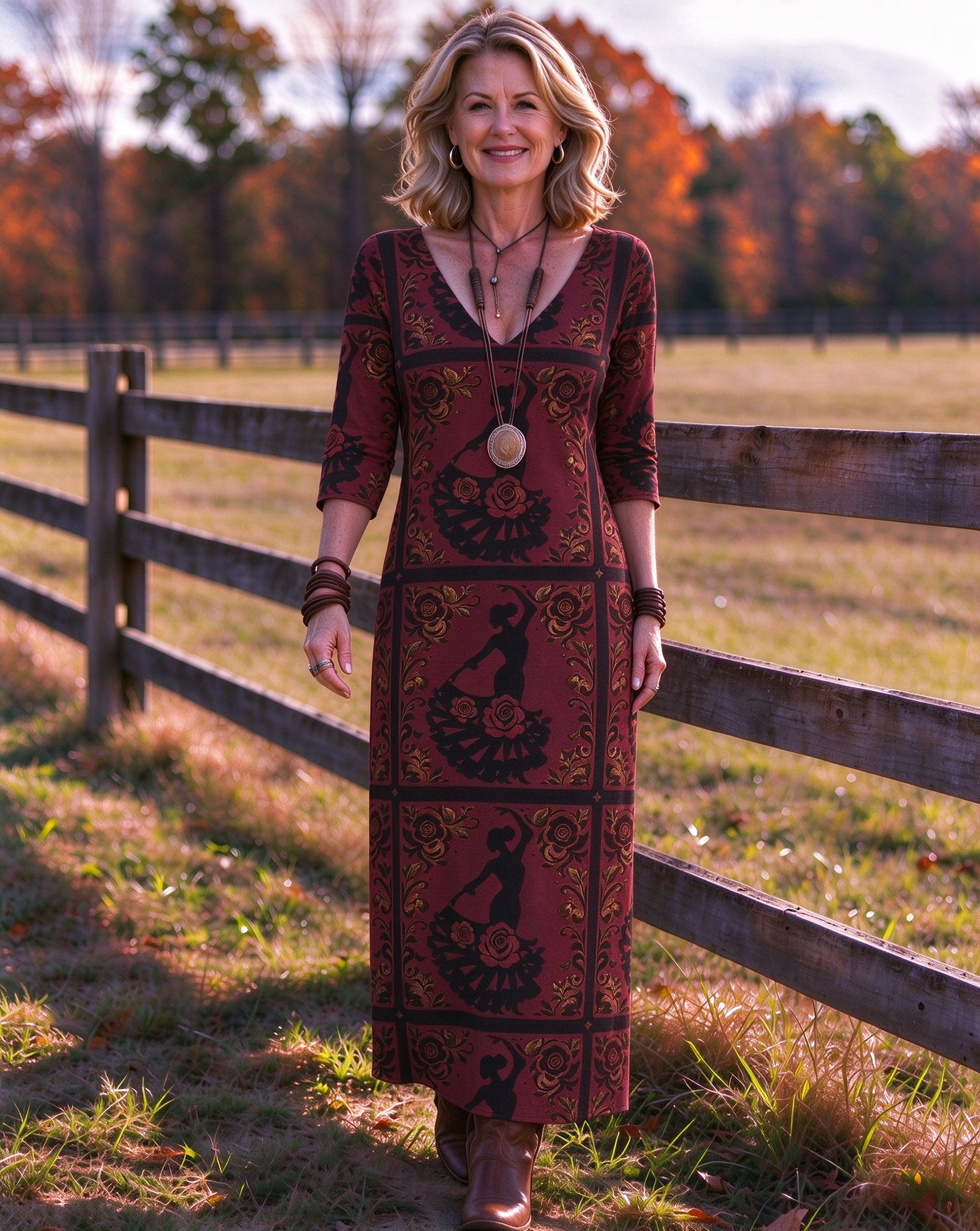 Flamenco Dancer & Rose Tile Western V-Neck Printed Dress | Allover Print