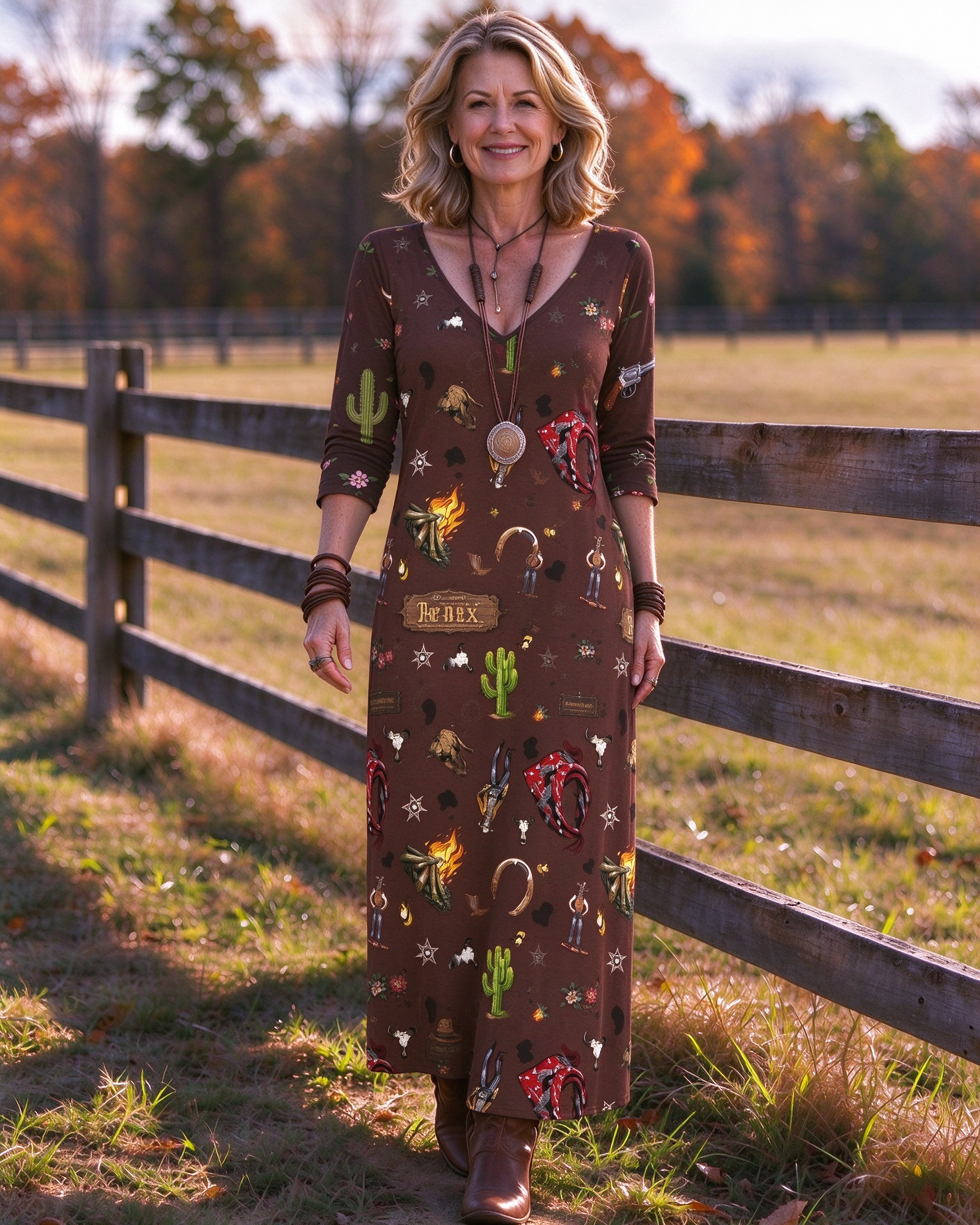 Western Mixed Motif Print with Campfire Cactus & Bandana Icons Western V-Neck Printed Dress | Allover Print