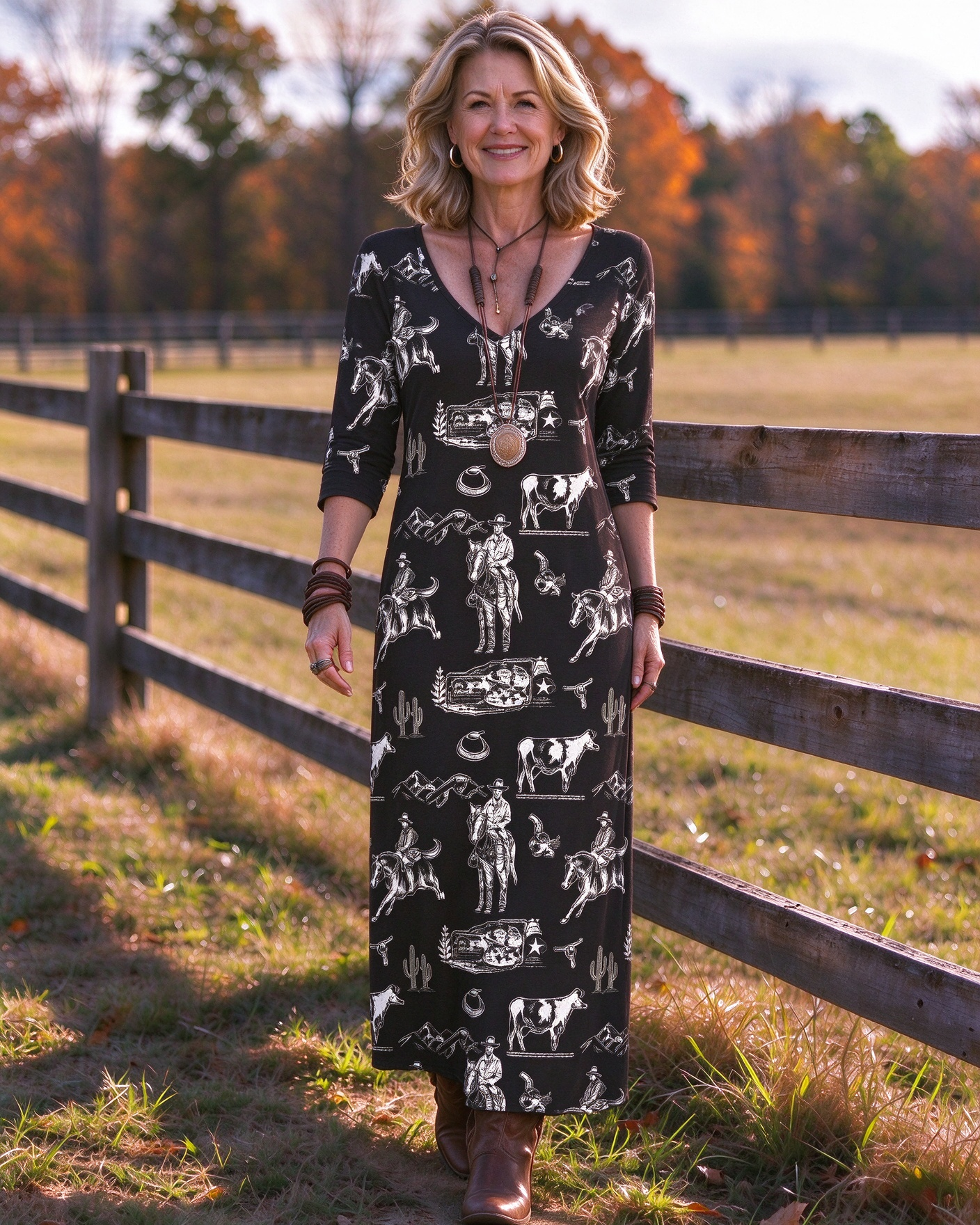 Black and white sketch line art Western V-Neck Printed Dress | Allover Print