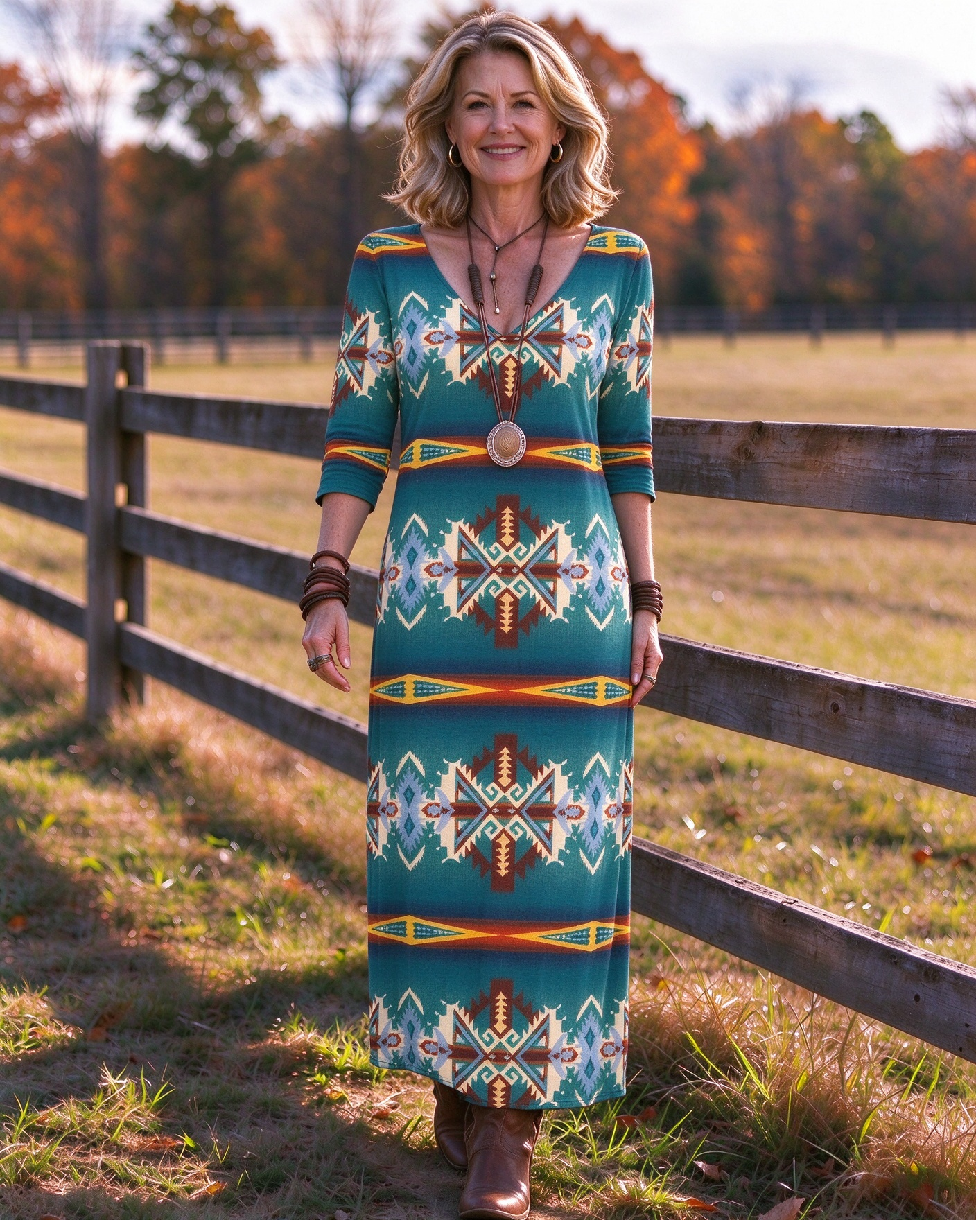 Geometric horizontal stripes Western V-Neck Printed Dress | Allover Print