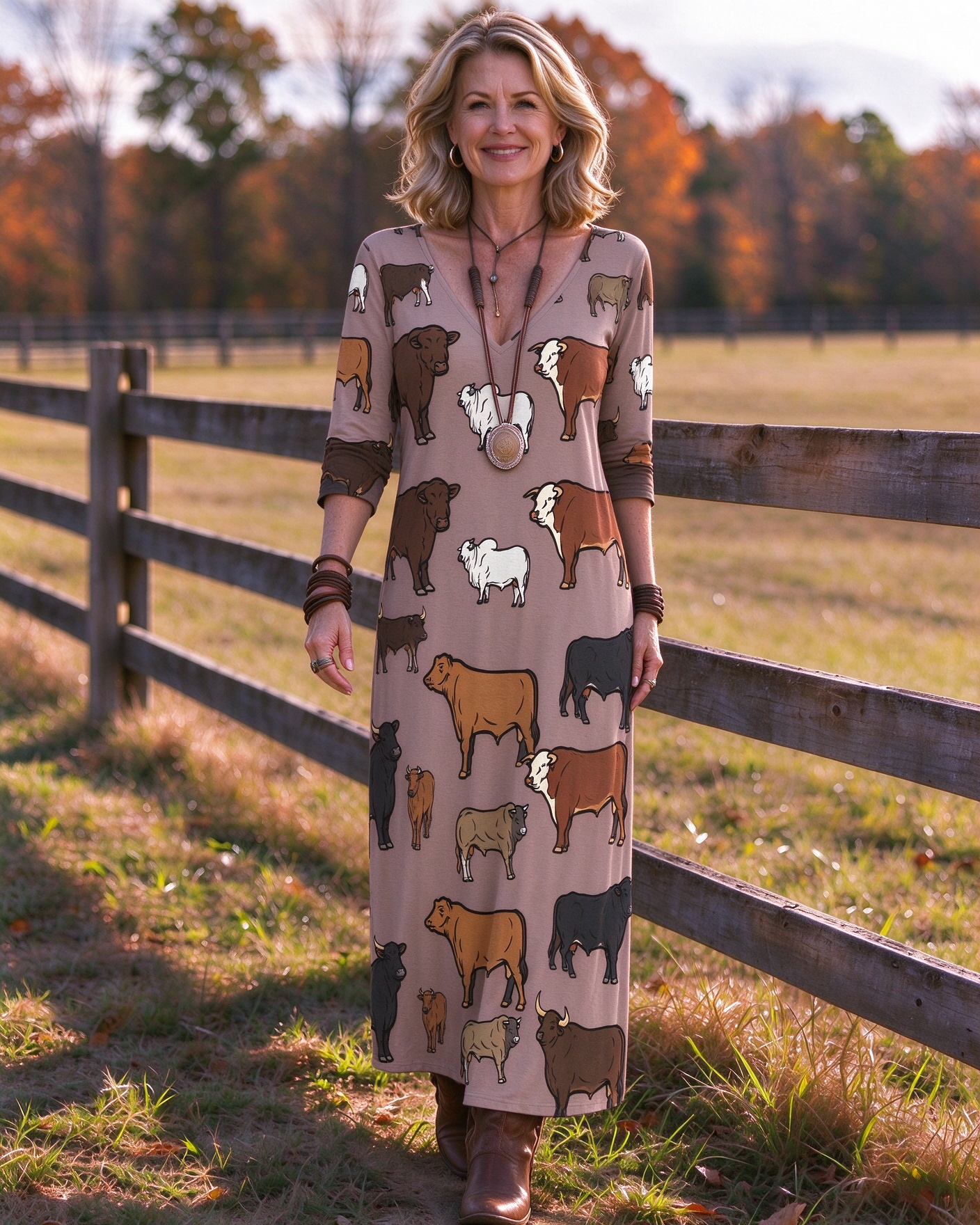 Cartoon of various breeds of dairy cows Western V-Neck Printed Dress | Allover Print